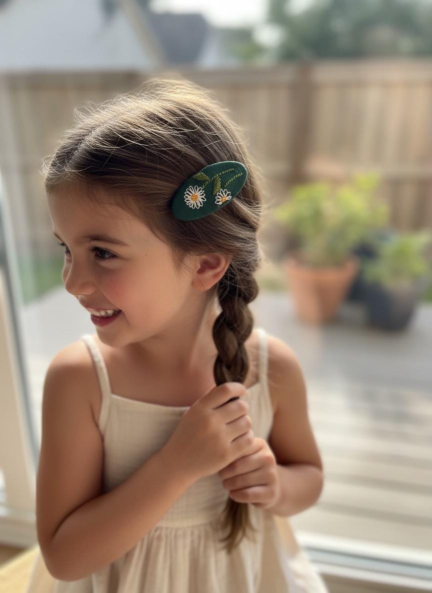 Hand Embroidered Daisy Hair Clip Forest Green Floral Snap Barrette