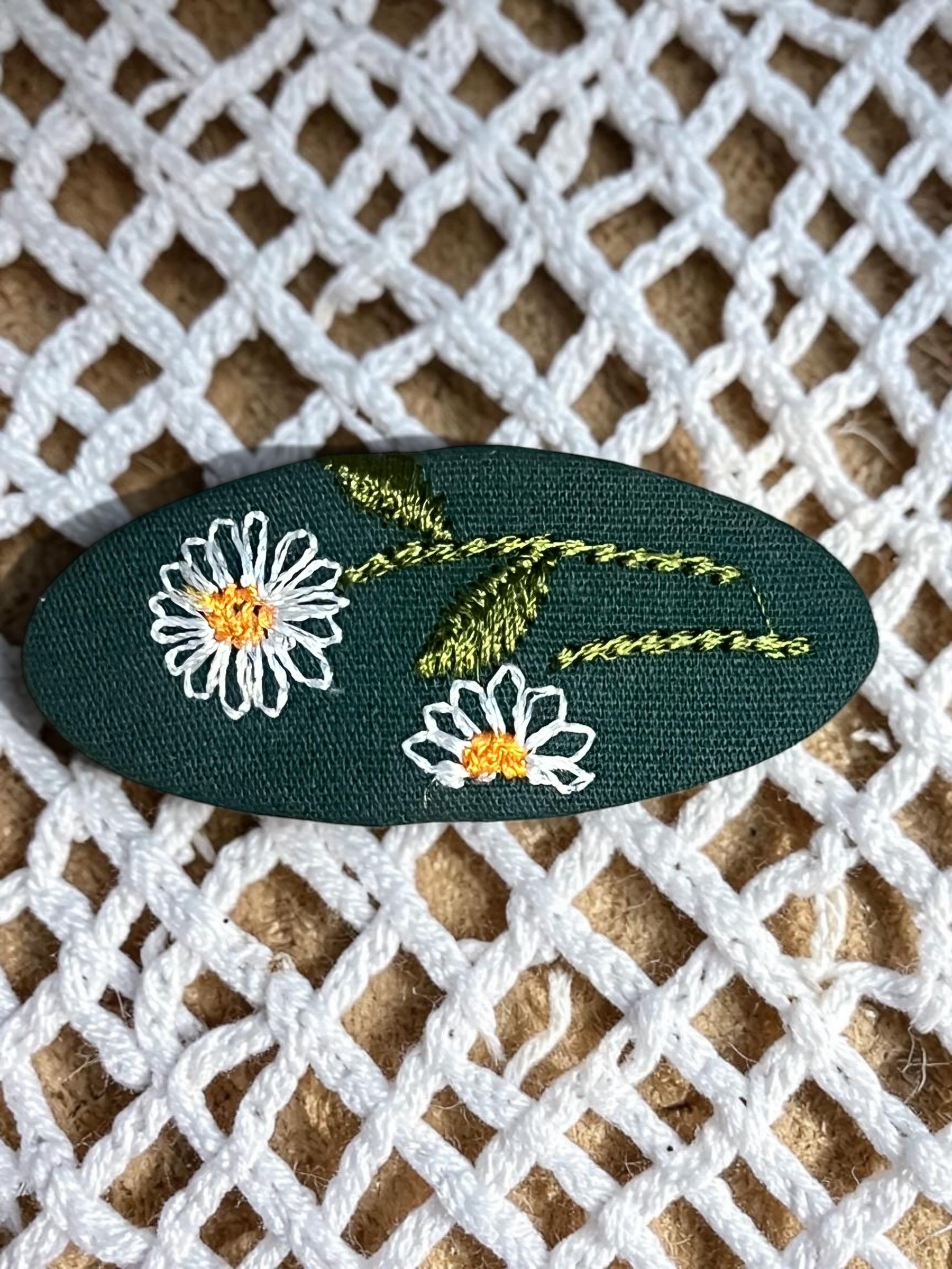 Hand Embroidered Daisy Hair Clip Forest Green Floral Snap Barrette, view 2