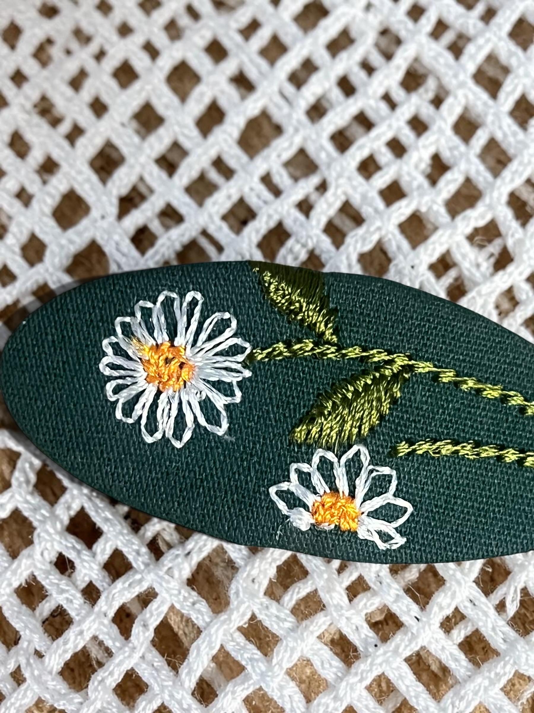 Hand Embroidered Daisy Hair Clip Forest Green Floral Snap Barrette, view 4