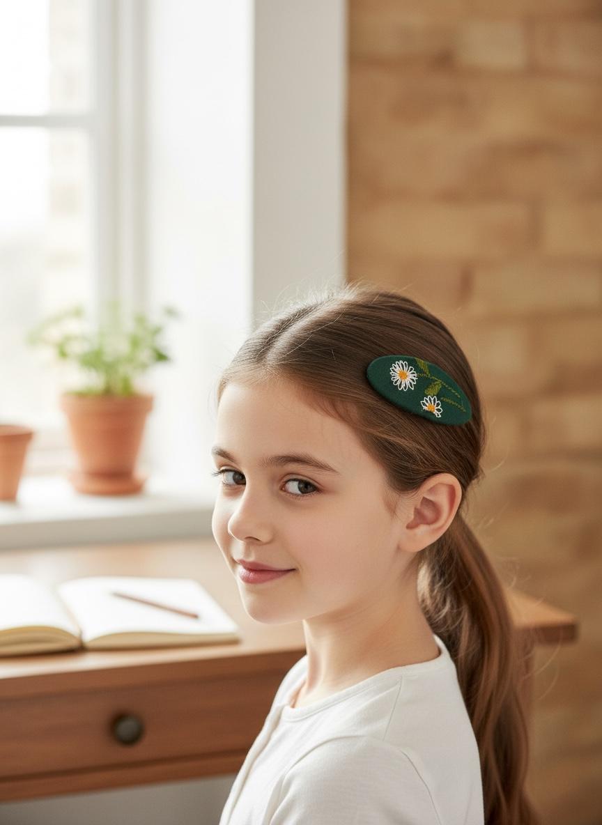 Hand Embroidered Daisy Hair Clip Forest Green Floral Snap Barrette, view 5
