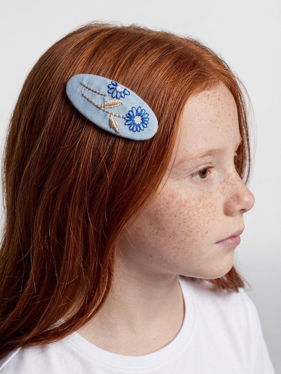 Hand Embroidered Floral Hair Clip Blue Linen Daisy Barrette Cottagecore Kids