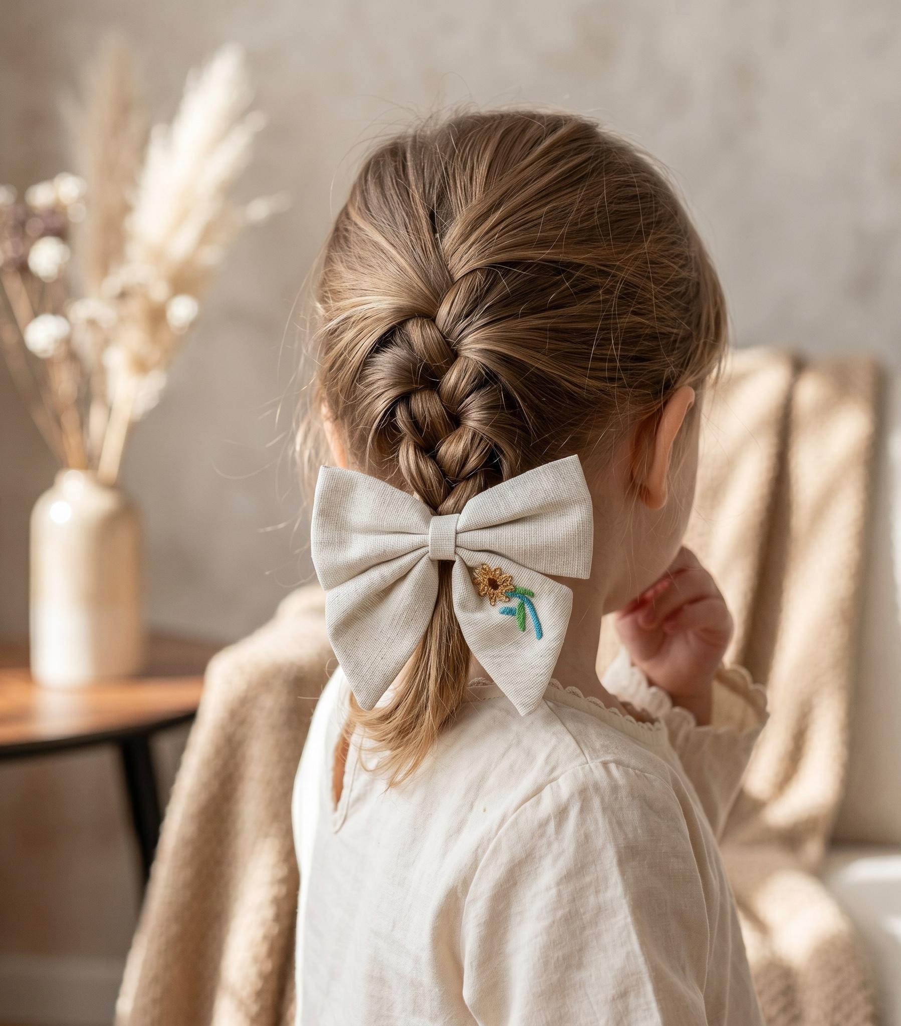 Hand Embroidered Linen Sunflower Bow Hair Clip Cottagecore Folk Floral Accessory