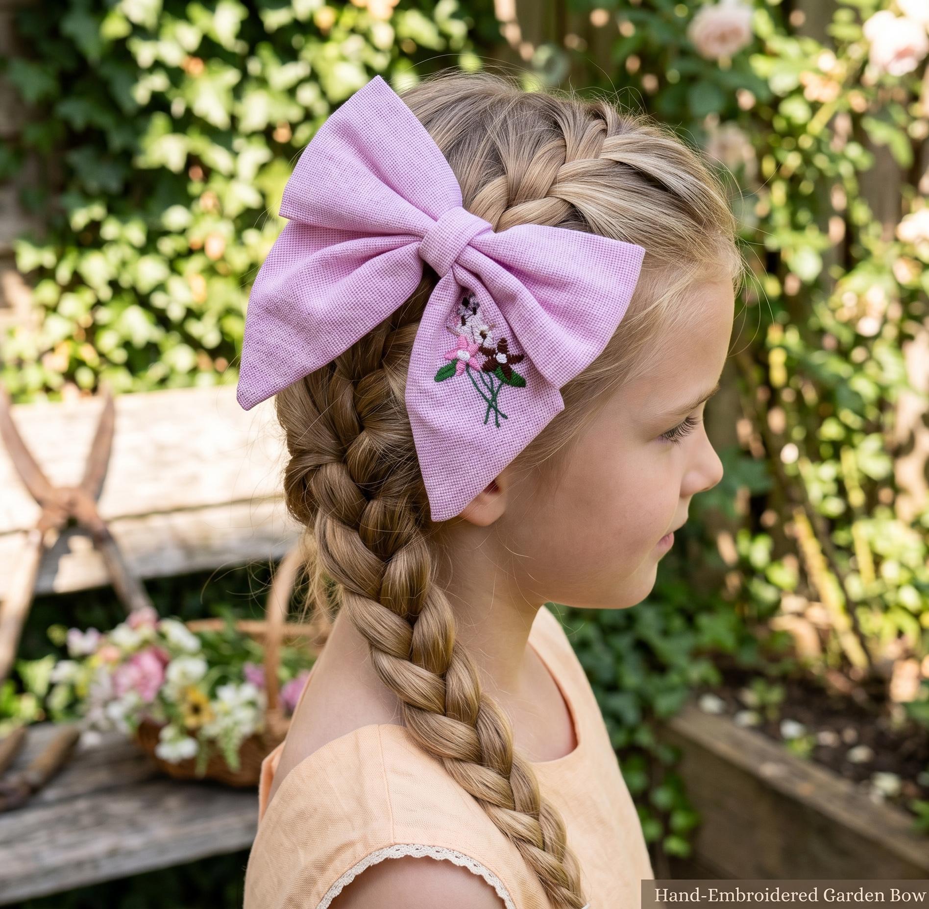 Hand Embroidered Pink Linen Hair Bow For Girls Toddler Alligator Clip