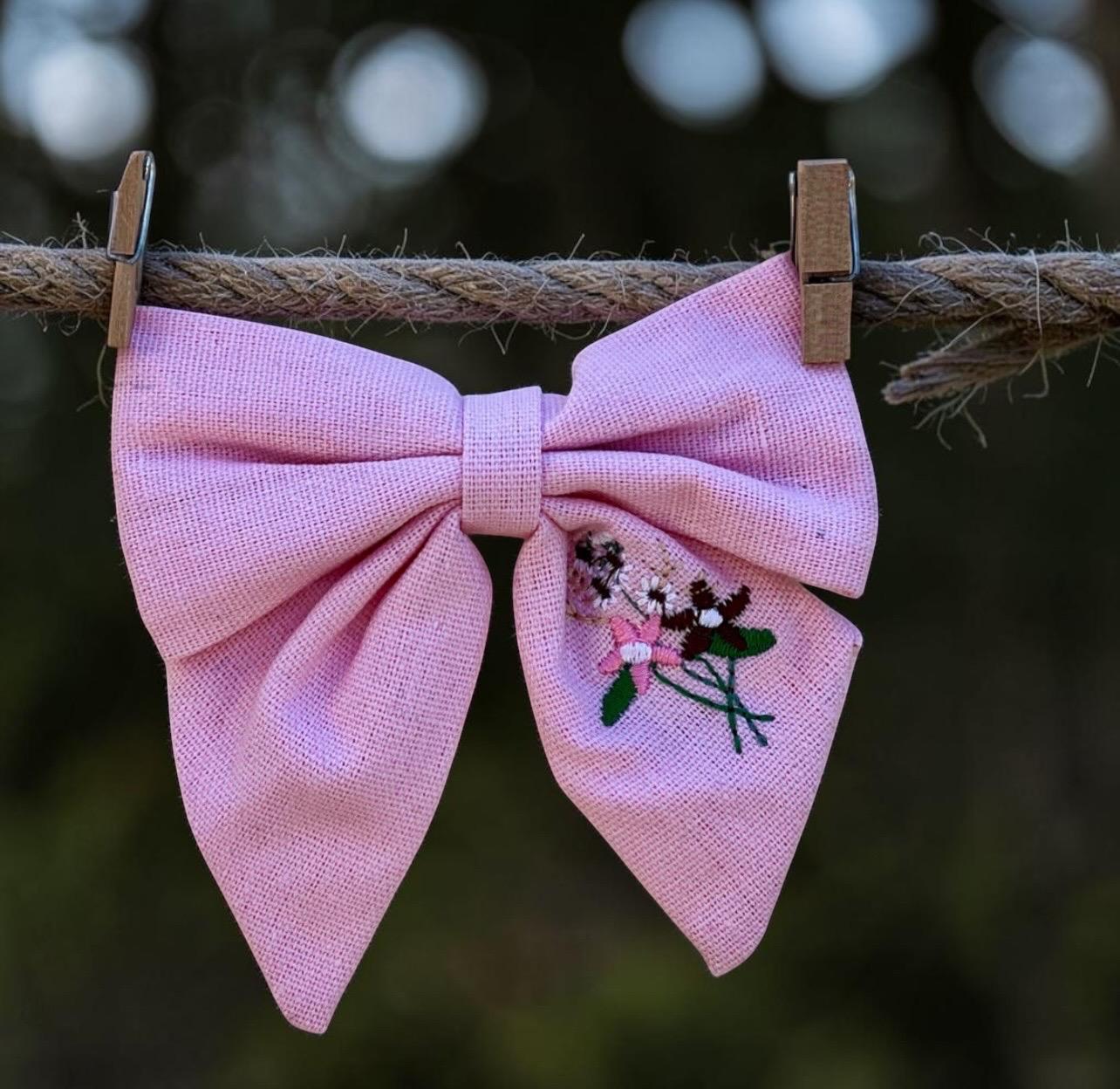 Hand Embroidered Pink Linen Hair Bow For Girls Toddler Alligator Clip, view 2