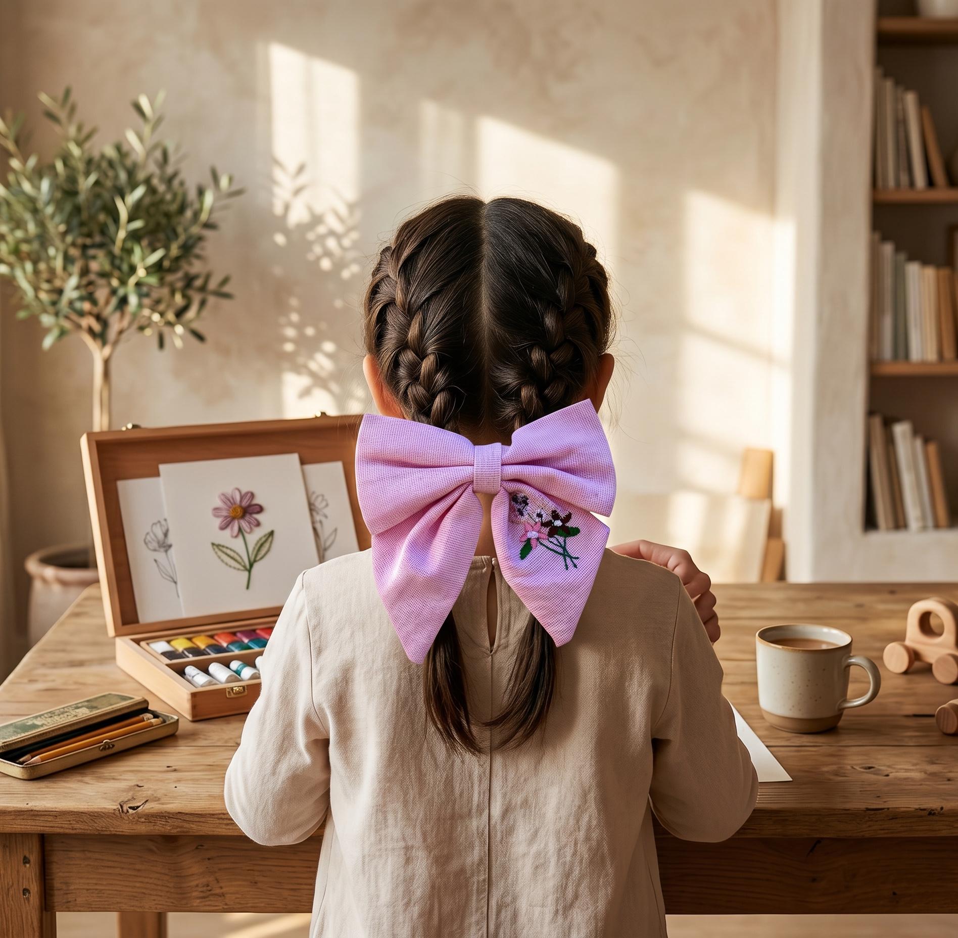 Hand Embroidered Pink Linen Hair Bow For Girls Toddler Alligator Clip, view 3