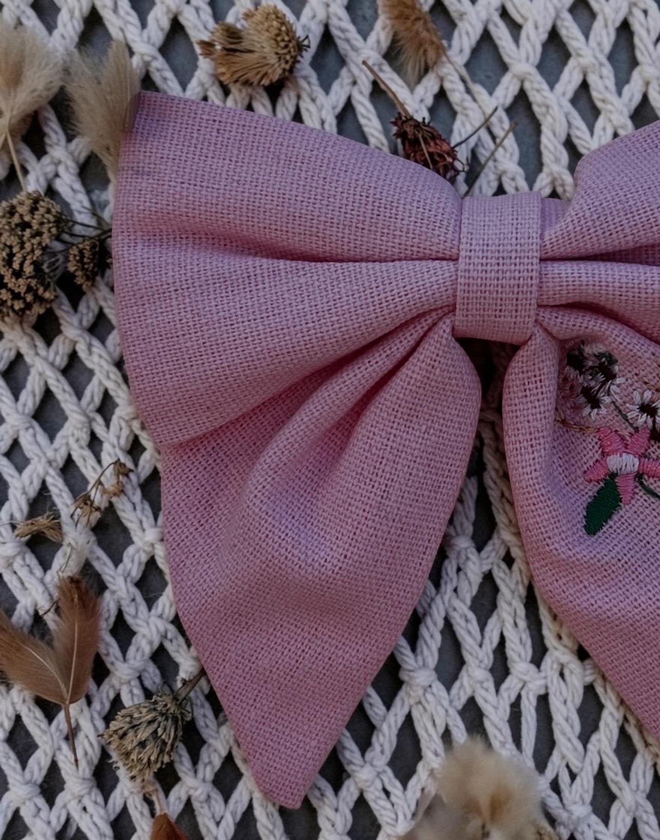 Hand Embroidered Pink Linen Hair Bow For Girls Toddler Alligator Clip, view 4
