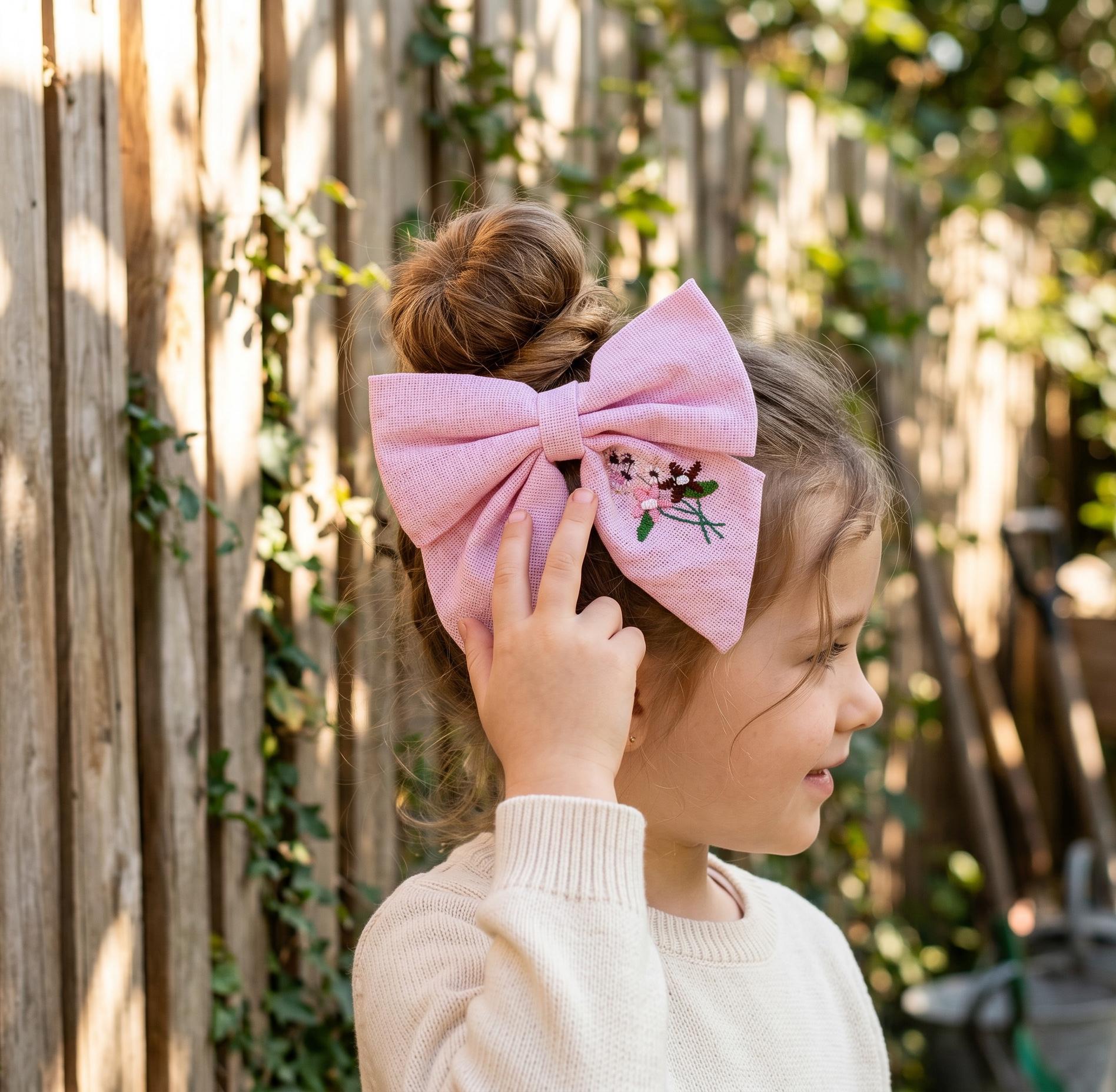 Hand Embroidered Pink Linen Hair Bow For Girls Toddler Alligator Clip, view 5
