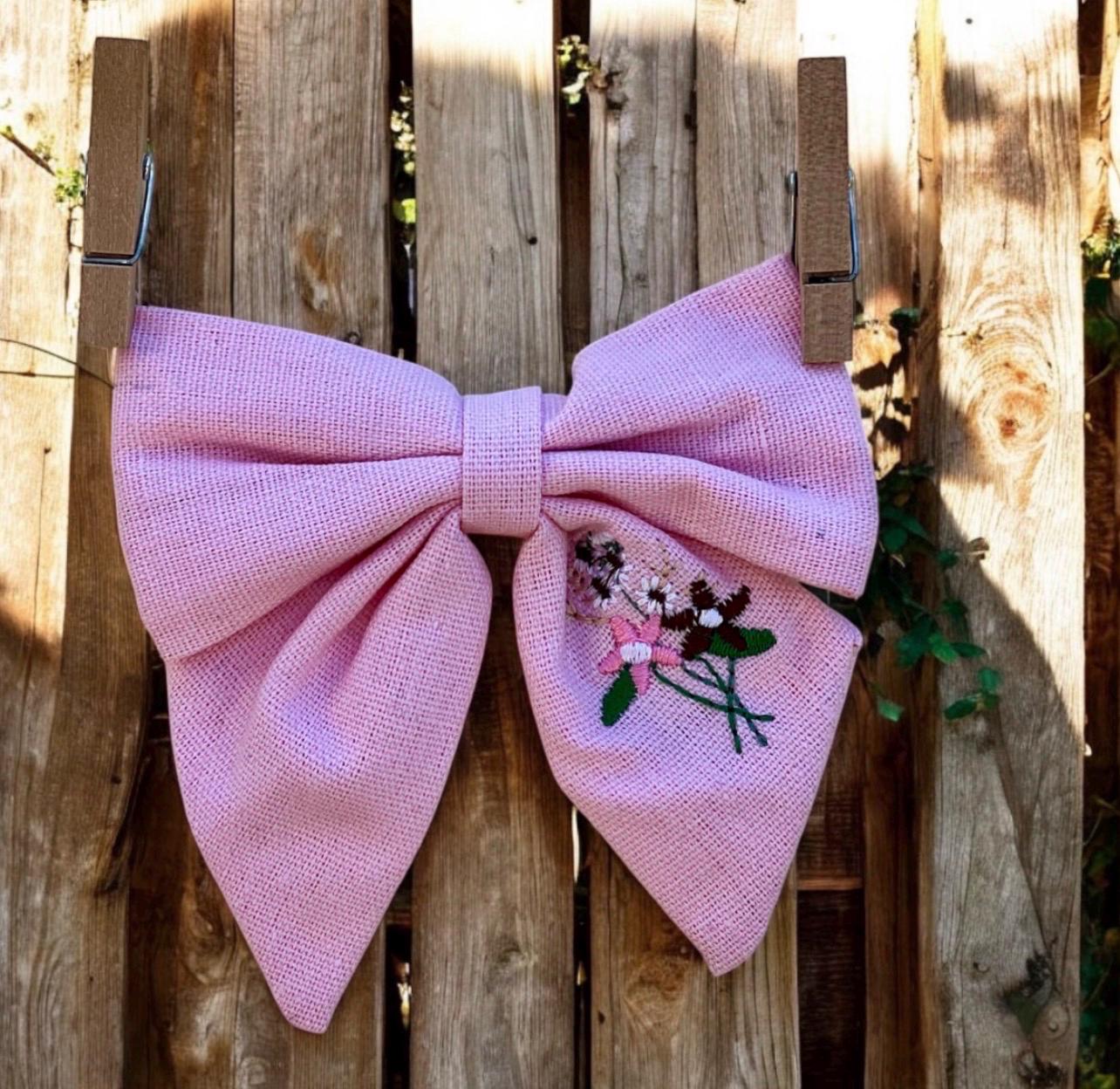 Hand Embroidered Pink Linen Hair Bow For Girls Toddler Alligator Clip, view 6