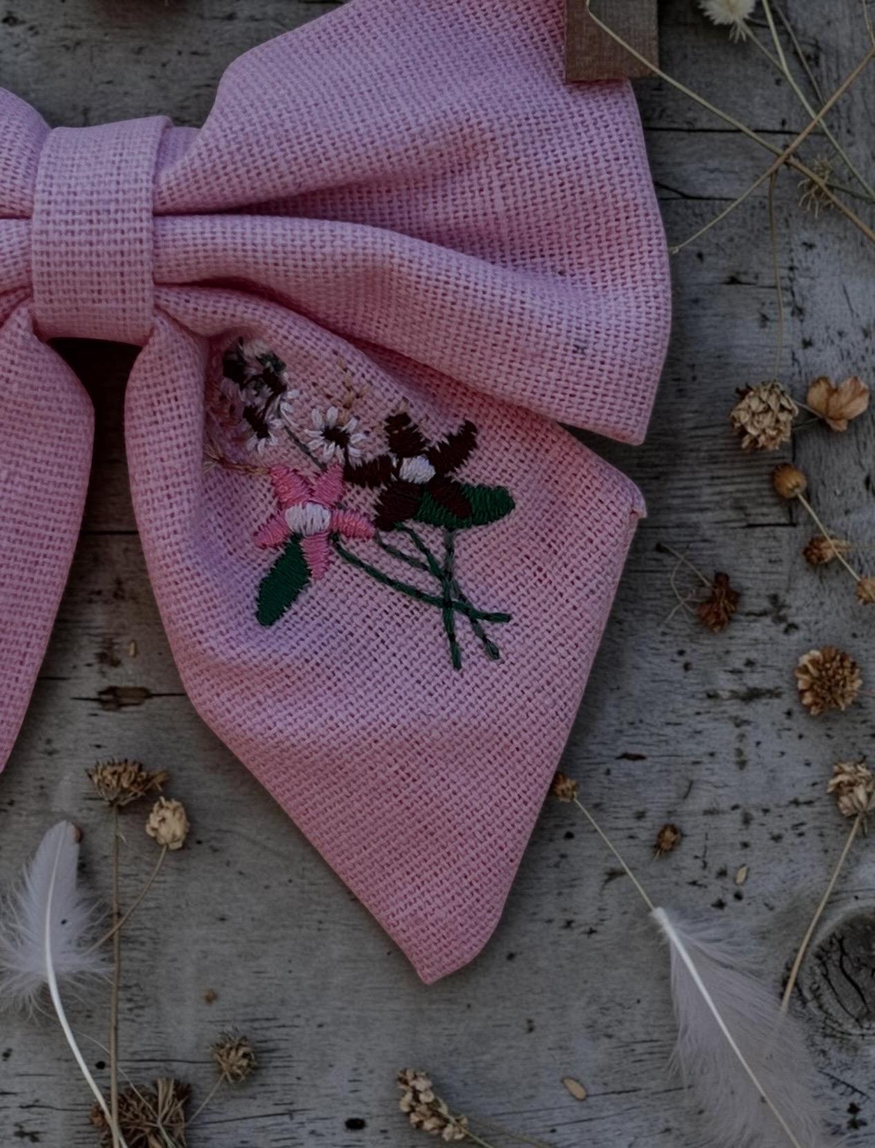 Hand Embroidered Pink Linen Hair Bow For Girls Toddler Alligator Clip, view 7