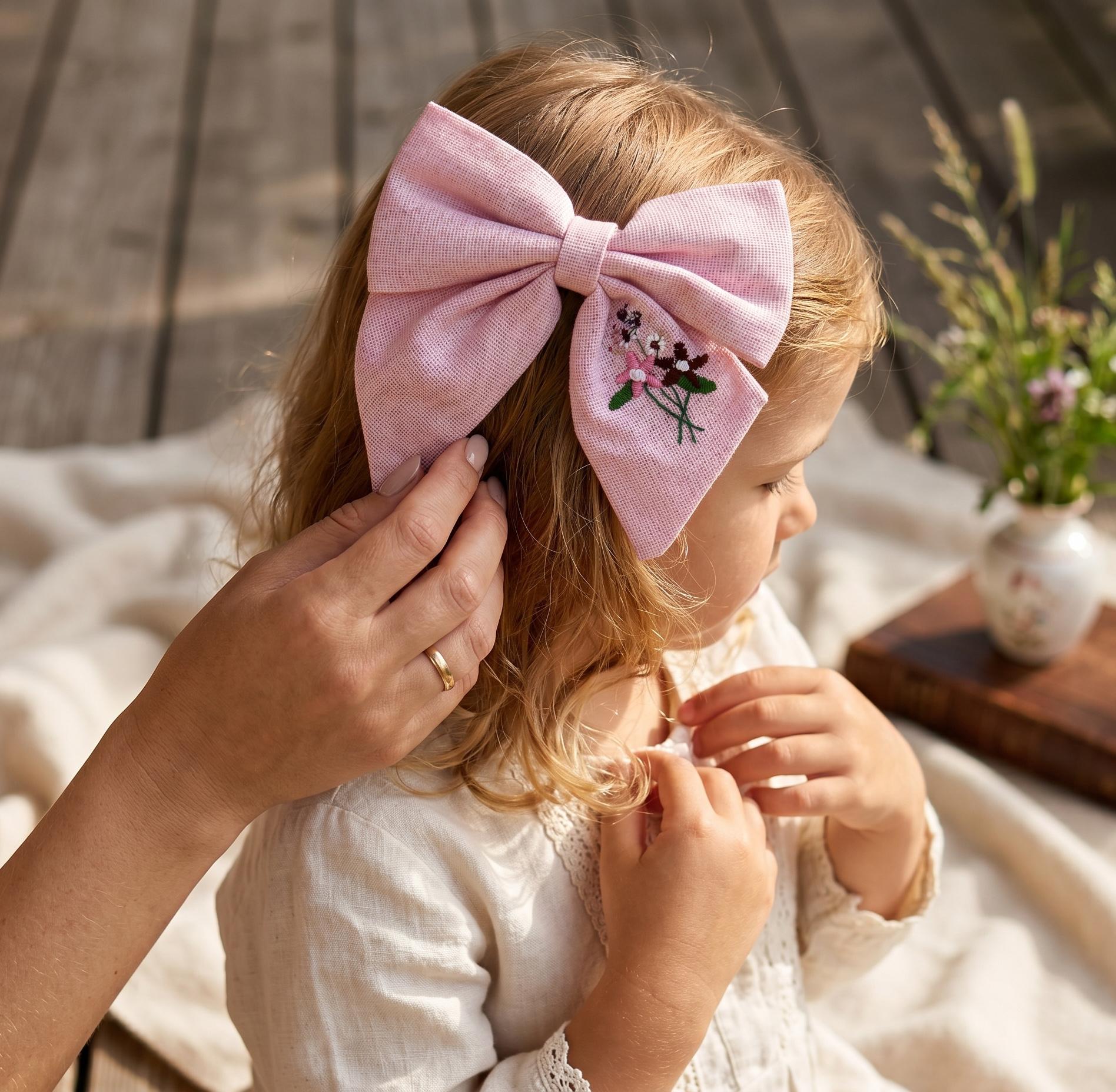 Hand Embroidered Pink Linen Hair Bow For Girls Toddler Alligator Clip, view 8