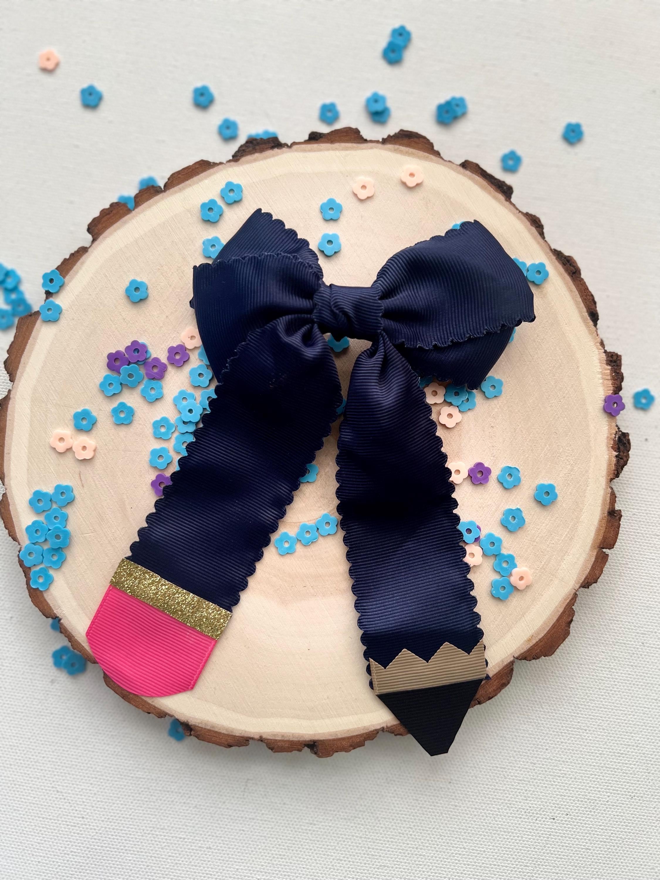 Handmade Back to School Pencil Hair Bow blue Grosgrain Alligator Clip