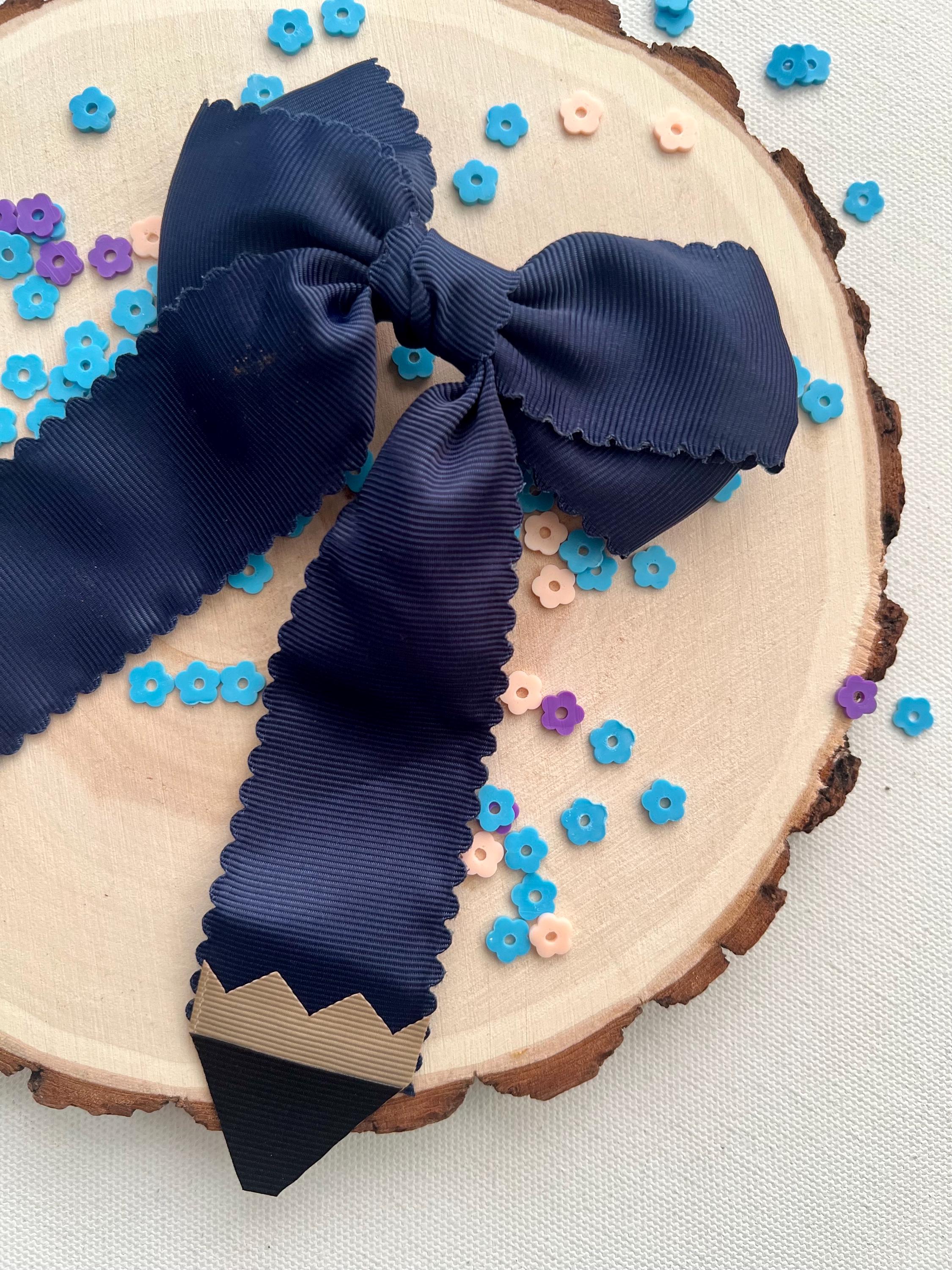 Handmade Back to School Pencil Hair Bow blue Grosgrain Alligator Clip, view 2