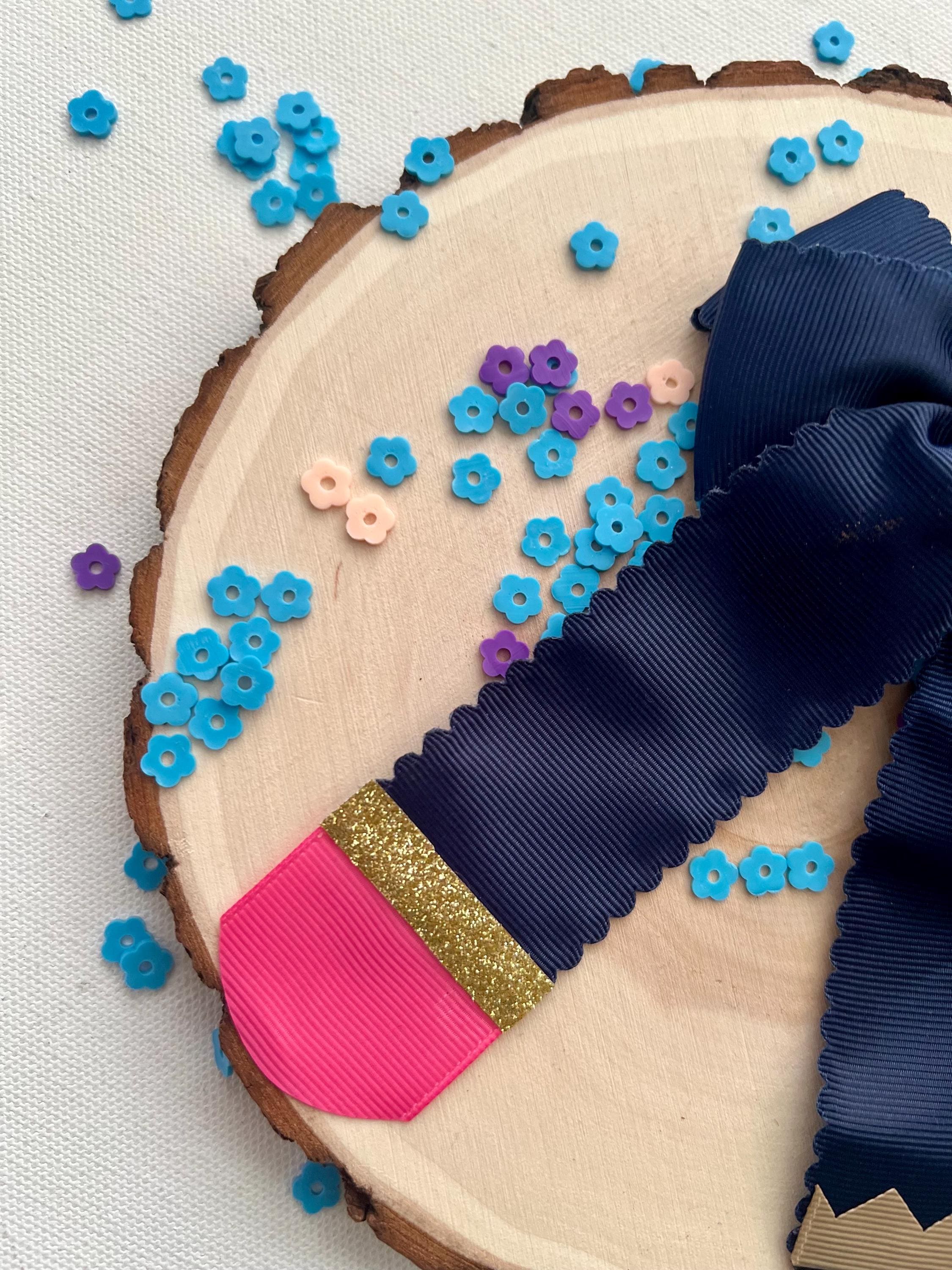 Handmade Back to School Pencil Hair Bow blue Grosgrain Alligator Clip, view 3