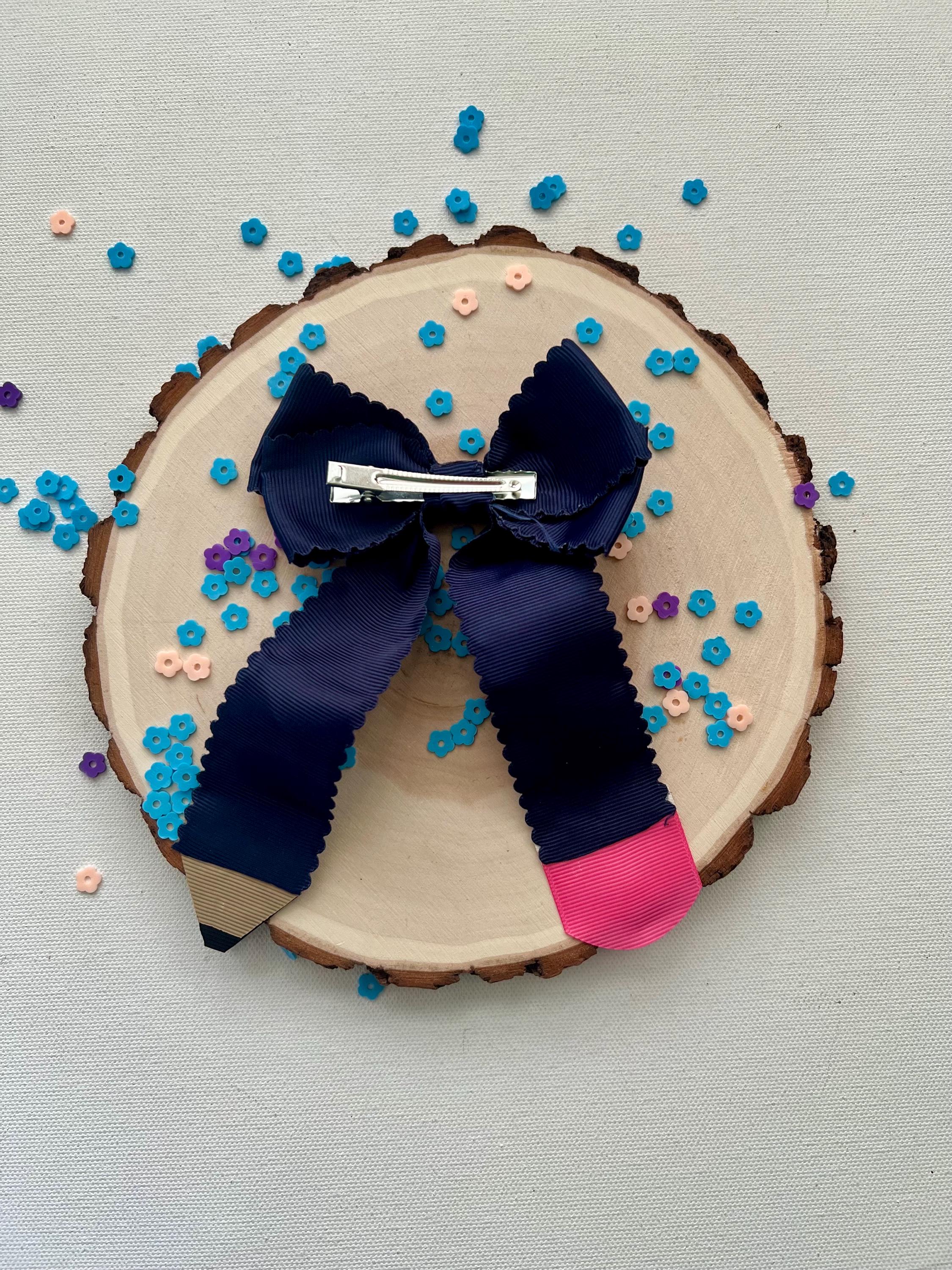 Handmade Back to School Pencil Hair Bow blue Grosgrain Alligator Clip, view 4