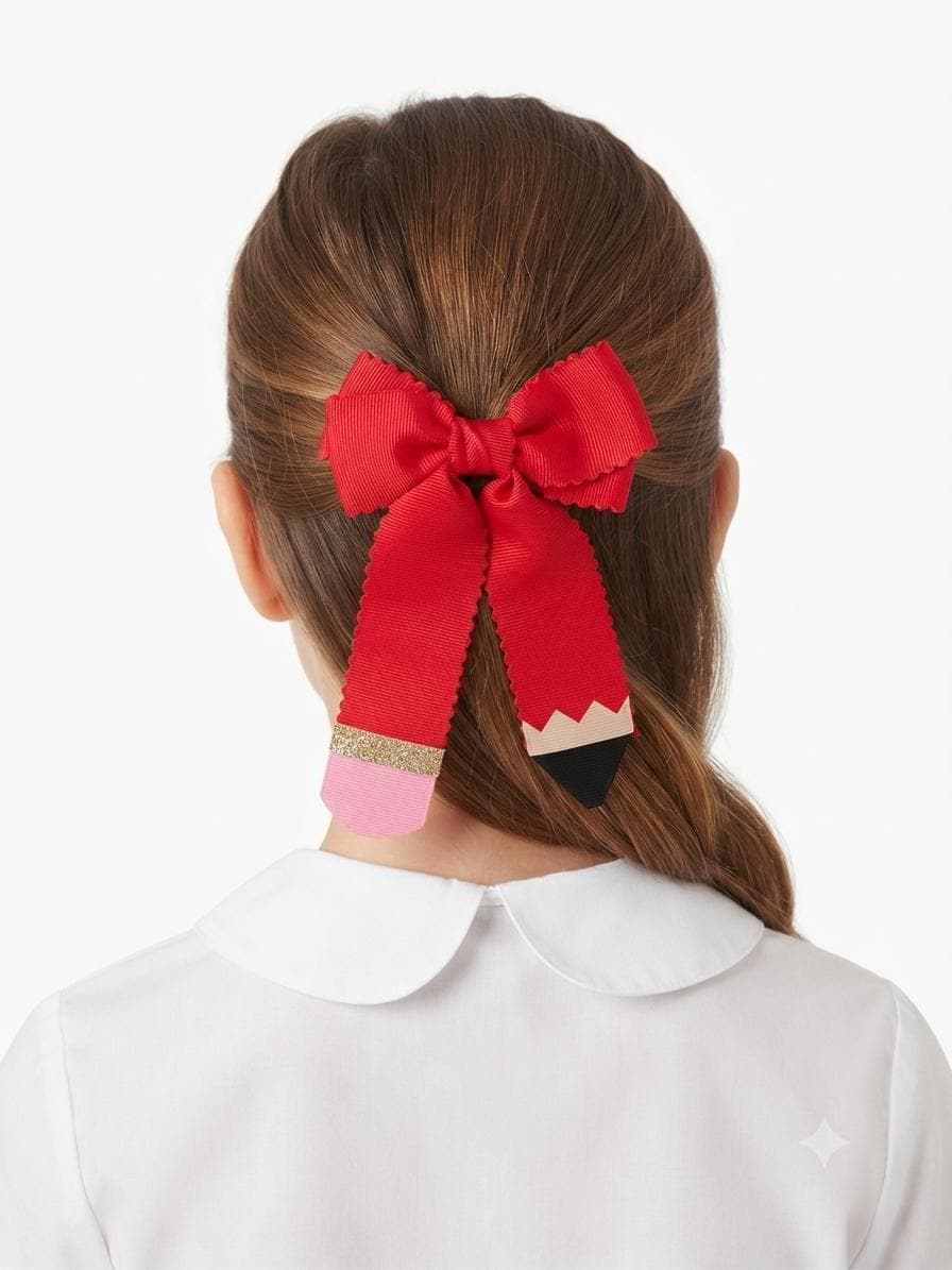 Handmade Back to School Pencil Hair Bow Red Grosgrain Alligator Clip