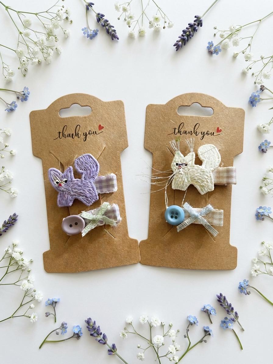 Handmade embroidered Animal Hair Clips Sets Pastel colors For toddlers, view 4