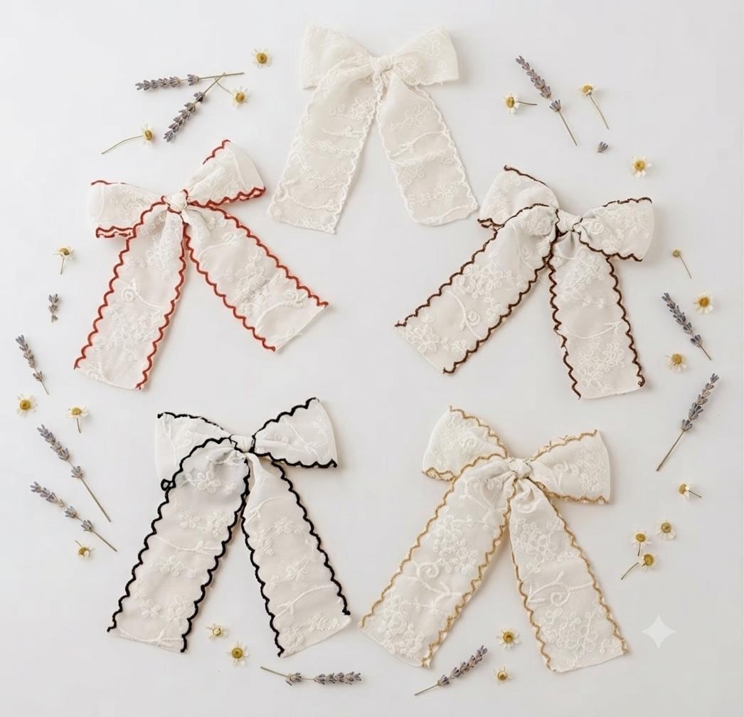 Handmade embroidered Kids Vintage Style retro lace hair bows featuring in different colors
