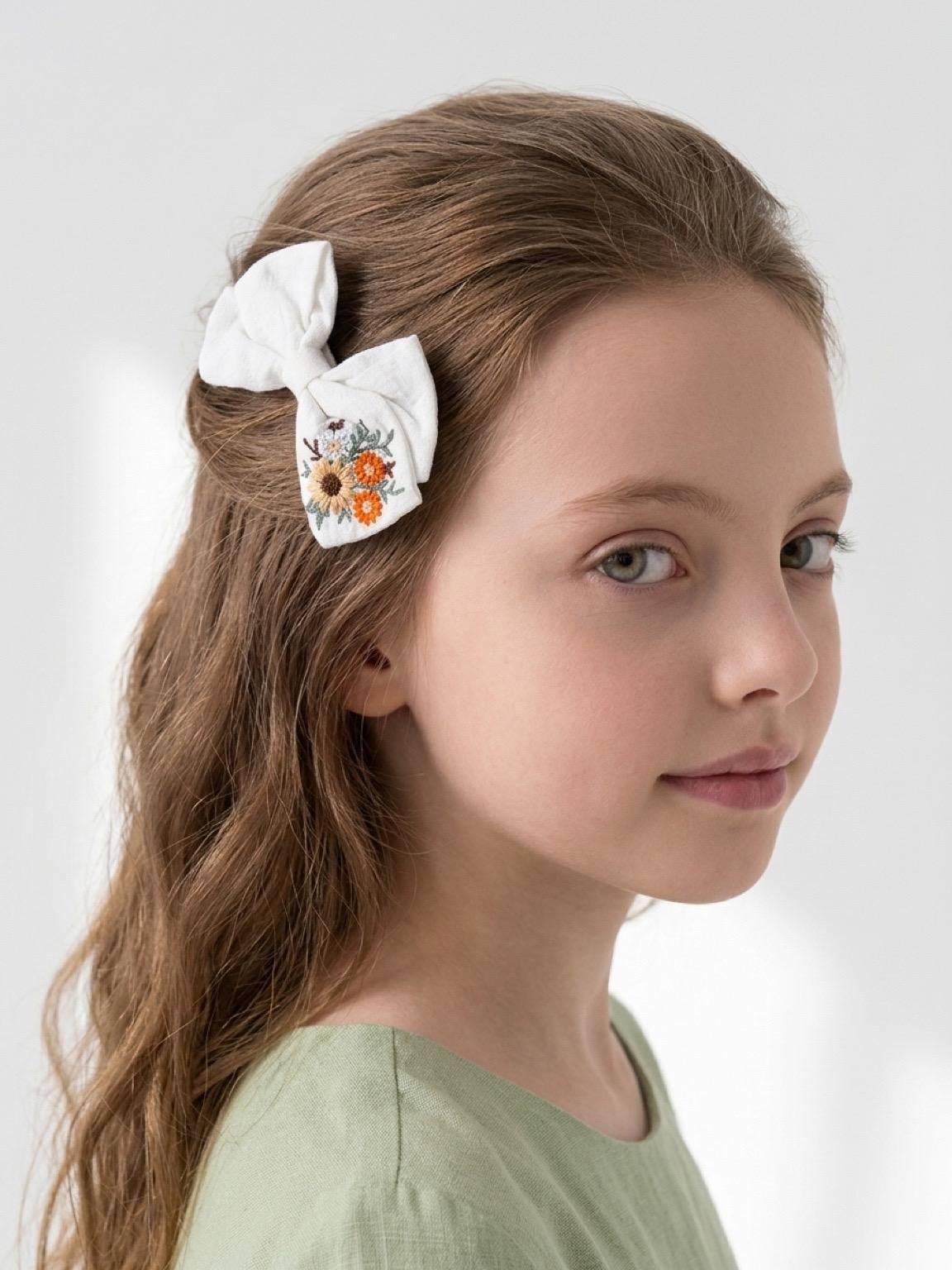 Handmade Embroidered Linen Hair Bow Sunflower Floral Hair Clip