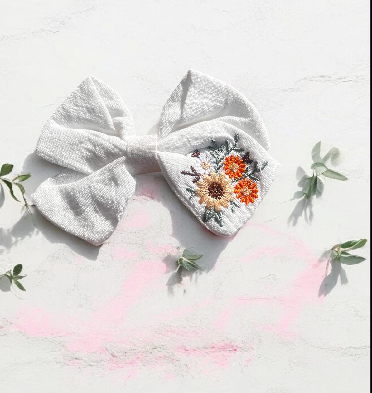 Handmade Embroidered Linen Hair Bow Sunflower Floral Hair Clip, view 2