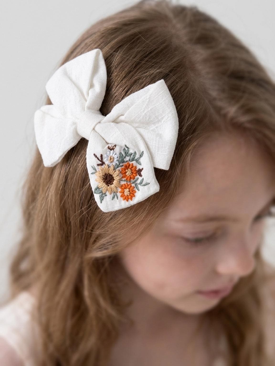 Handmade Embroidered Linen Hair Bow Sunflower Floral Hair Clip, view 3