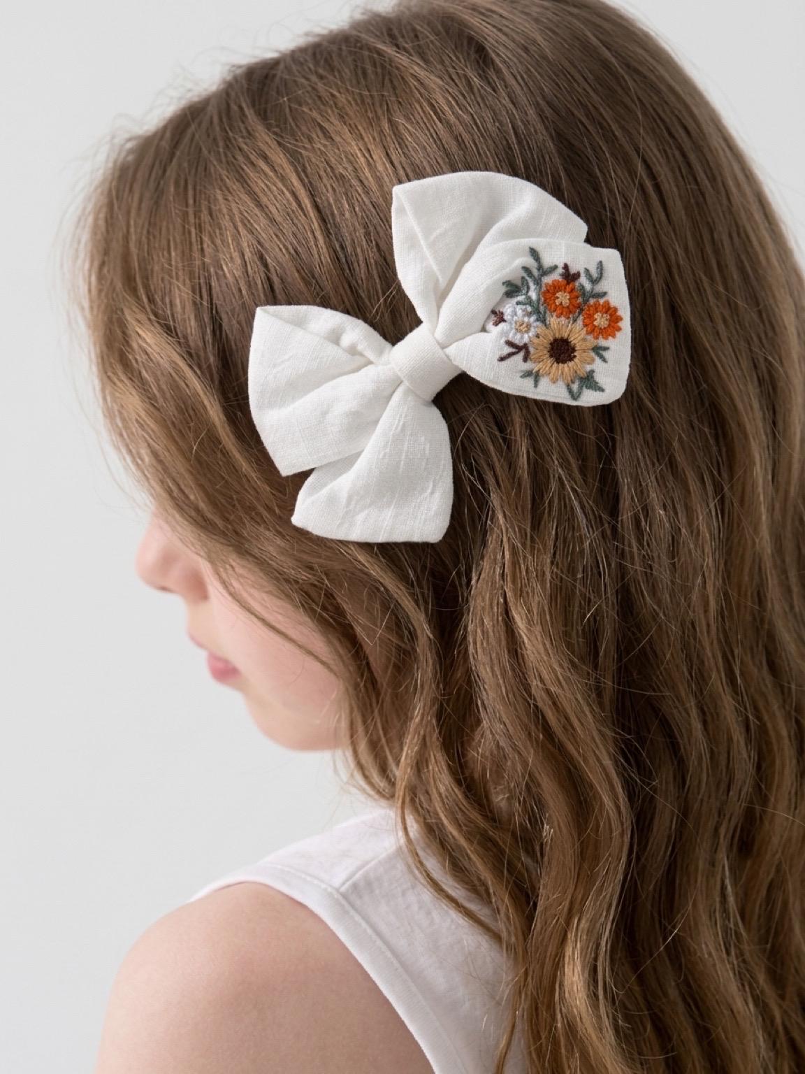 Handmade Embroidered Linen Hair Bow Sunflower Floral Hair Clip, view 7