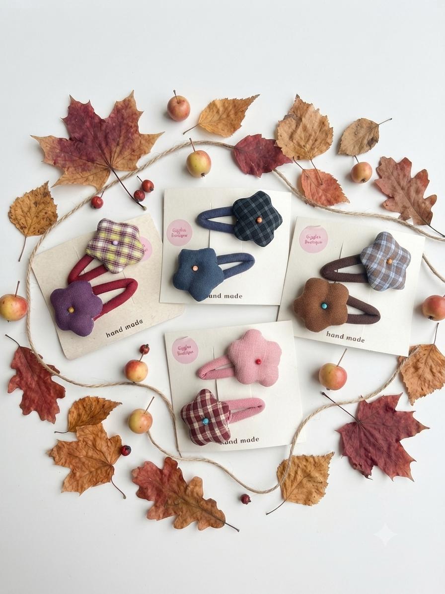Handmade Fabric Flower Plaid & Solid Snap Clips Set For kids