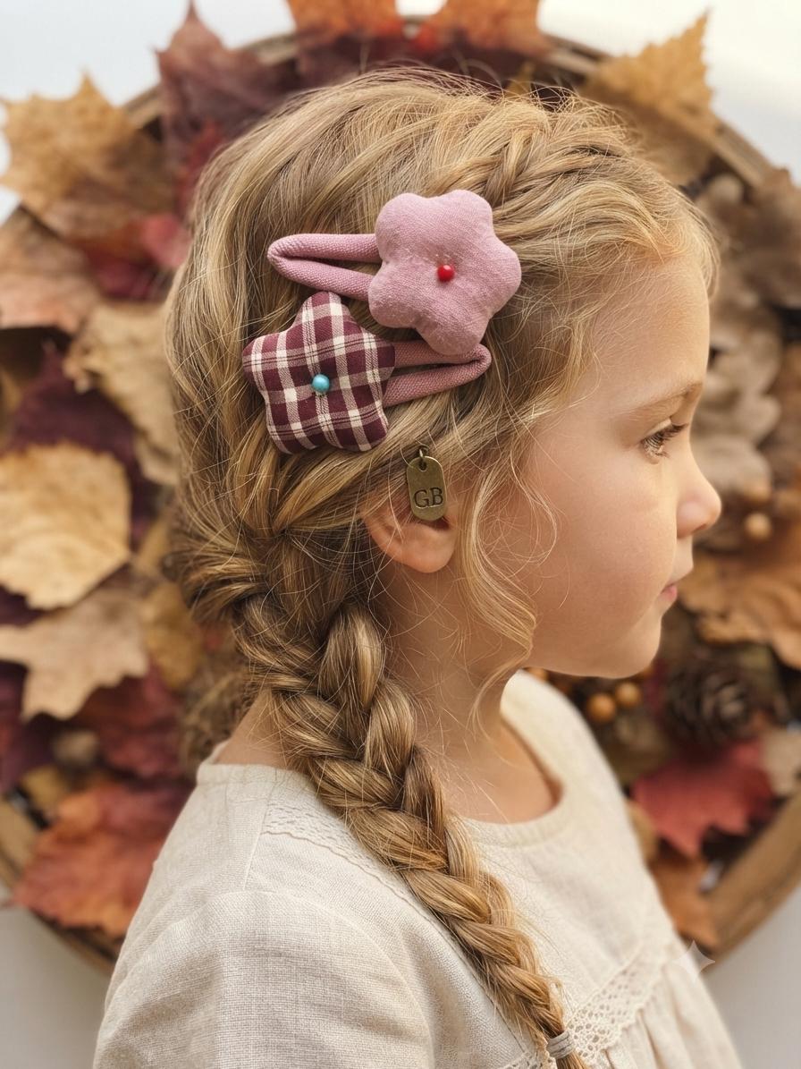 Handmade Fabric Flower Plaid & Solid Snap Clips Set For kids, view 10