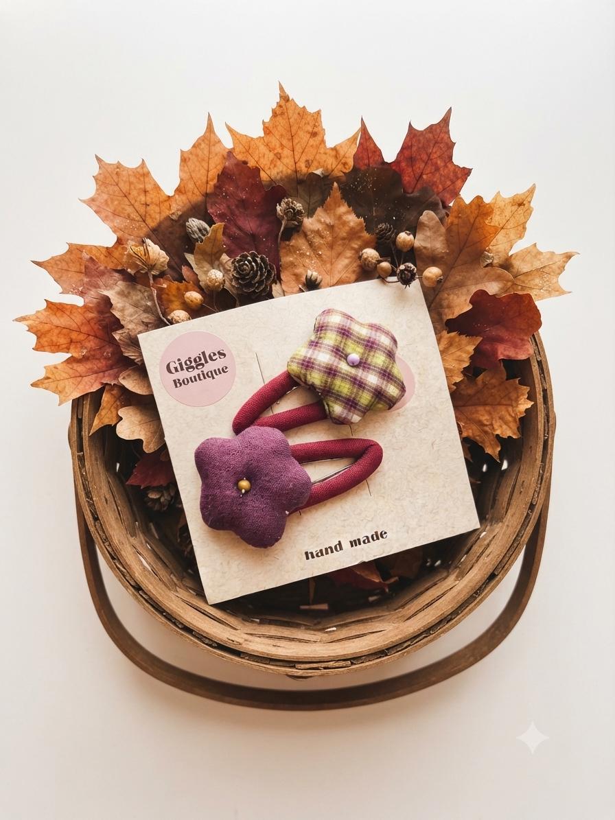 Handmade Fabric Flower Plaid & Solid Snap Clips Set For kids, view 4