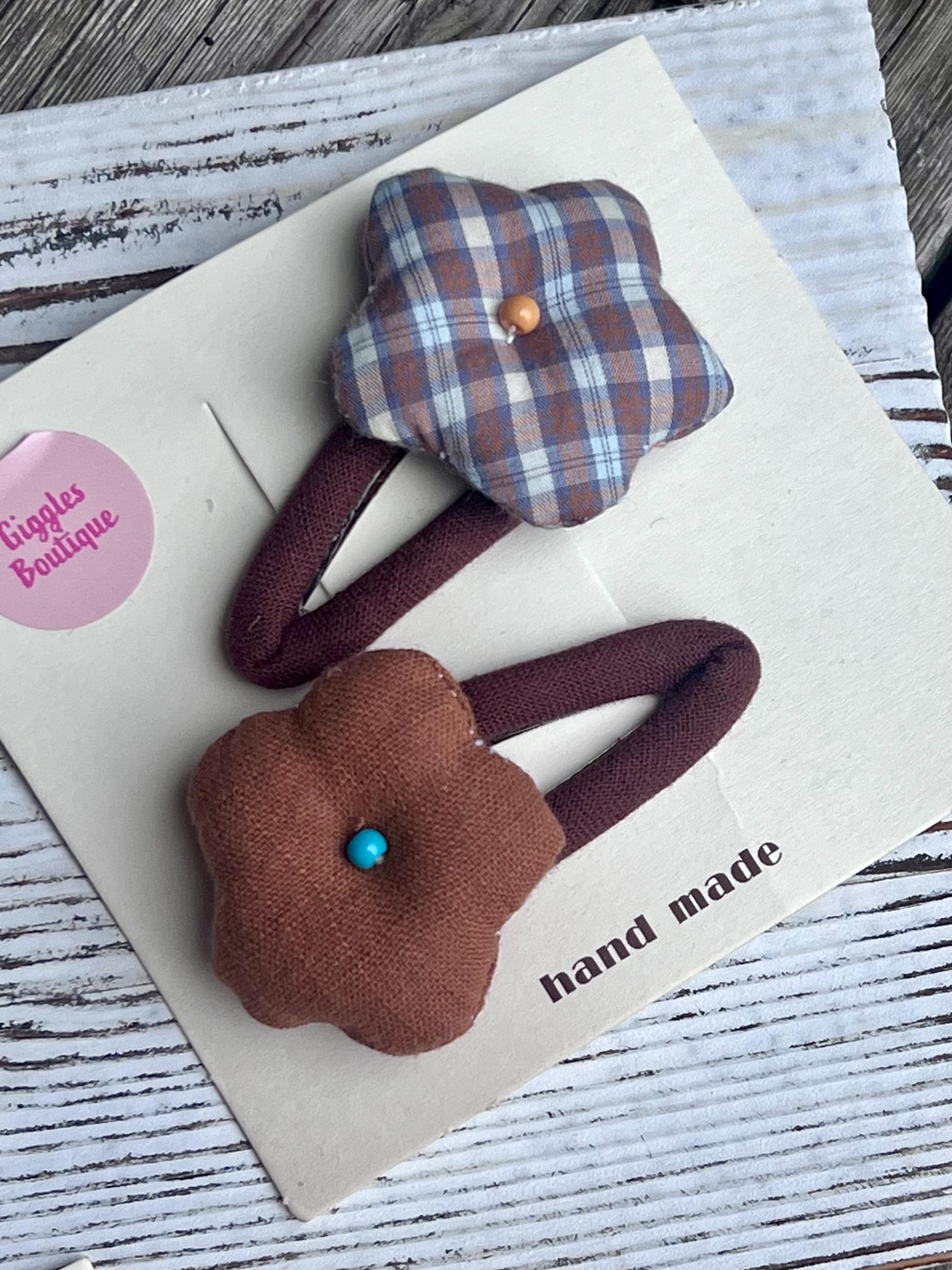 Handmade Fabric Flower Plaid & Solid Snap Clips Set For kids, view 6