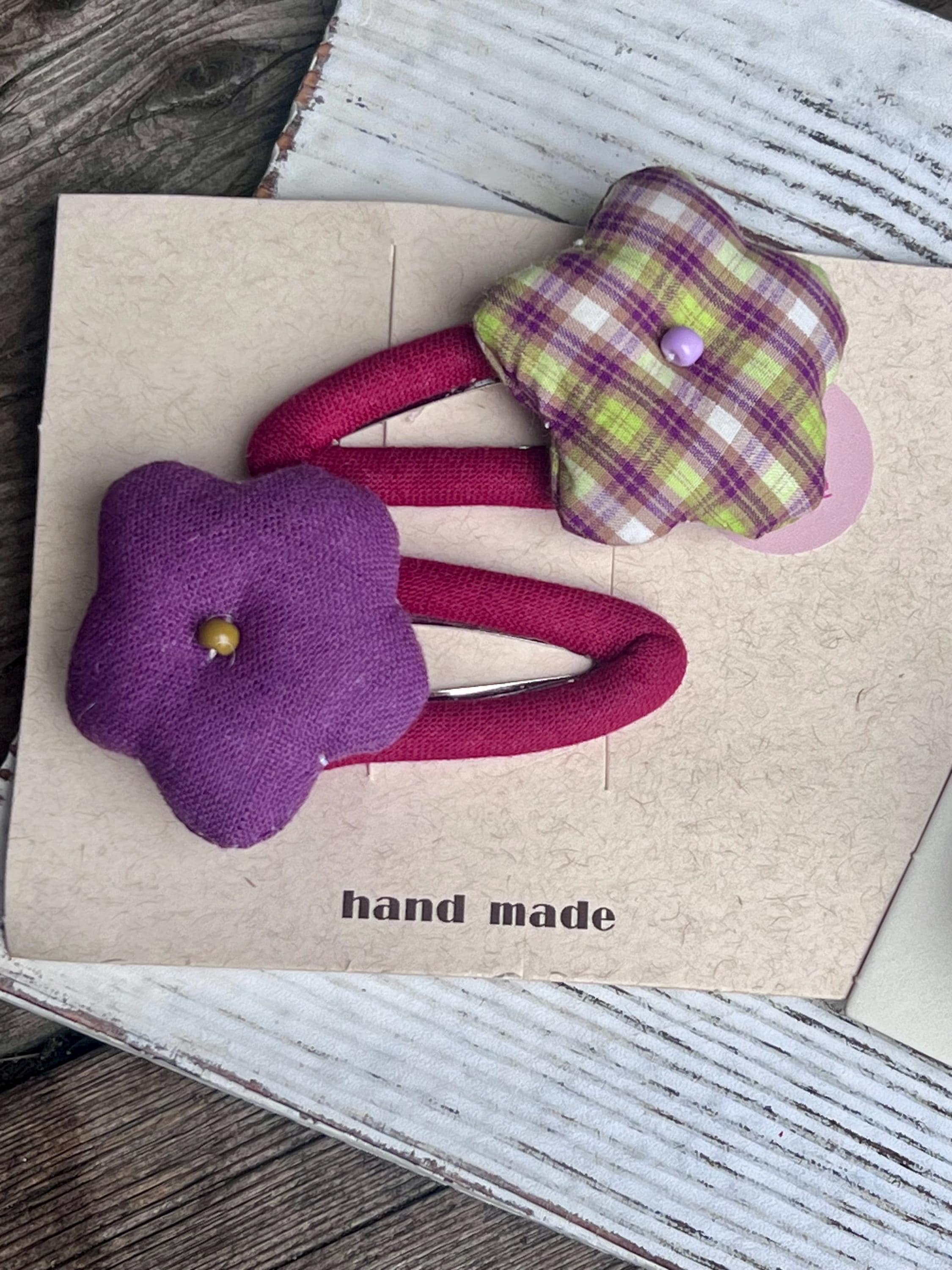 Handmade Fabric Flower Plaid & Solid Snap Clips Set For kids, view 8