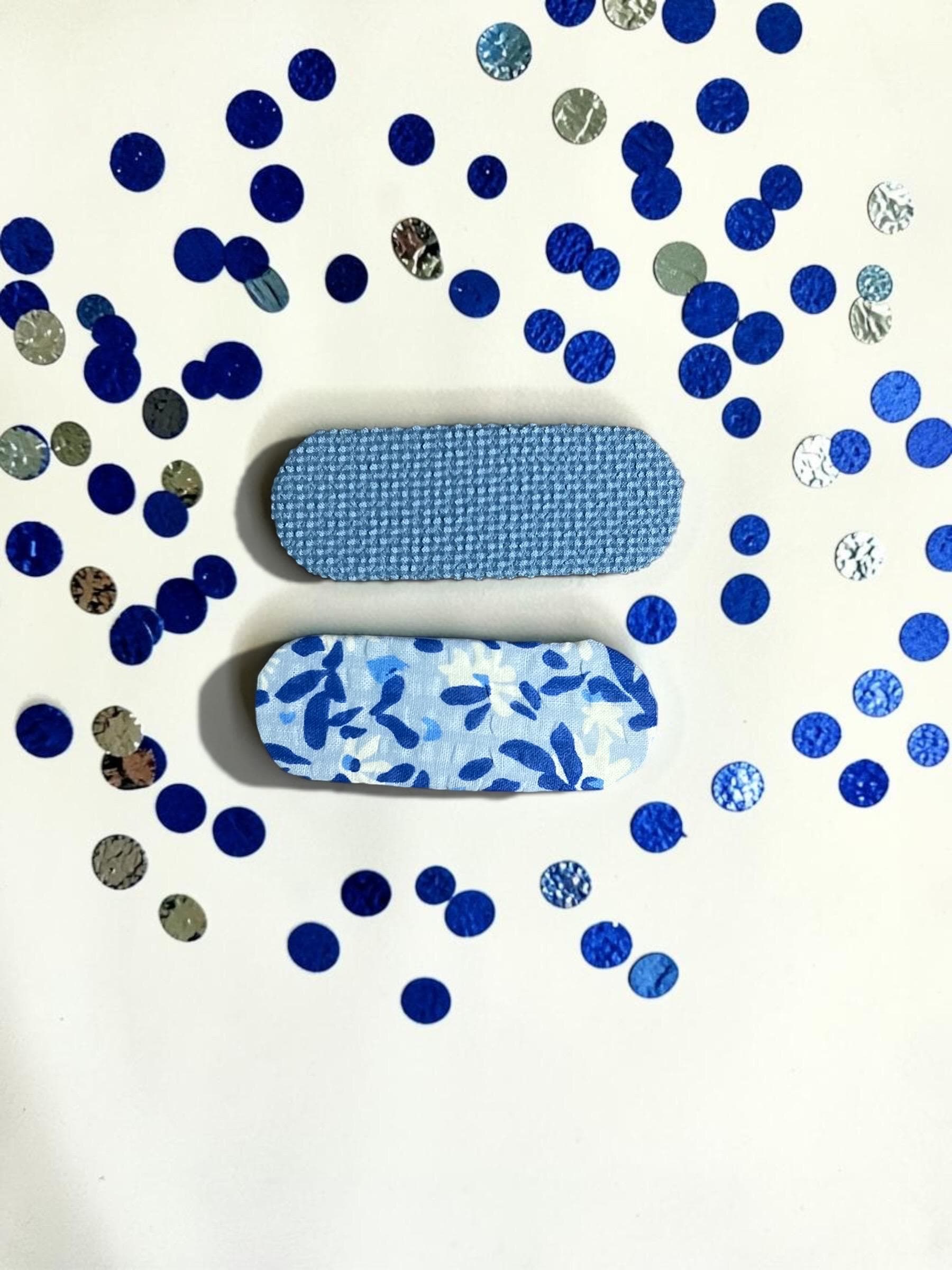 Handmade Fabric Snap Hair Clips Set • Blue Floral & Micro-Check • 2 Pc