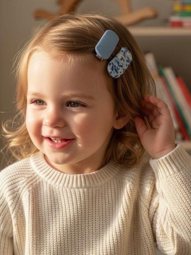 Handmade Fabric Snap Hair Clips Set • Blue Floral & Micro-Check • 2 Pc, view 2
