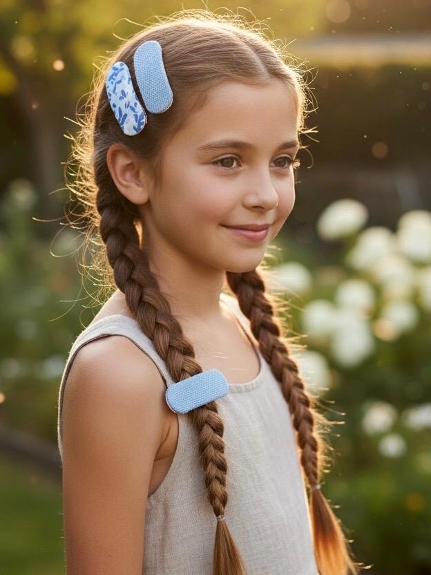 Handmade Fabric Snap Hair Clips Set • Blue Floral & Micro-Check • 2 Pc, view 6