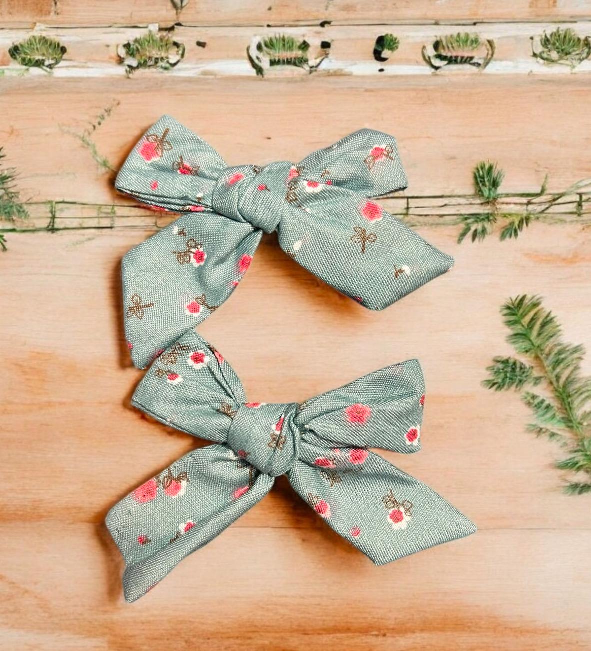 Handmade Hair Bow Clips Set of 2 Sage Green Floral Alligator Clip, view 2