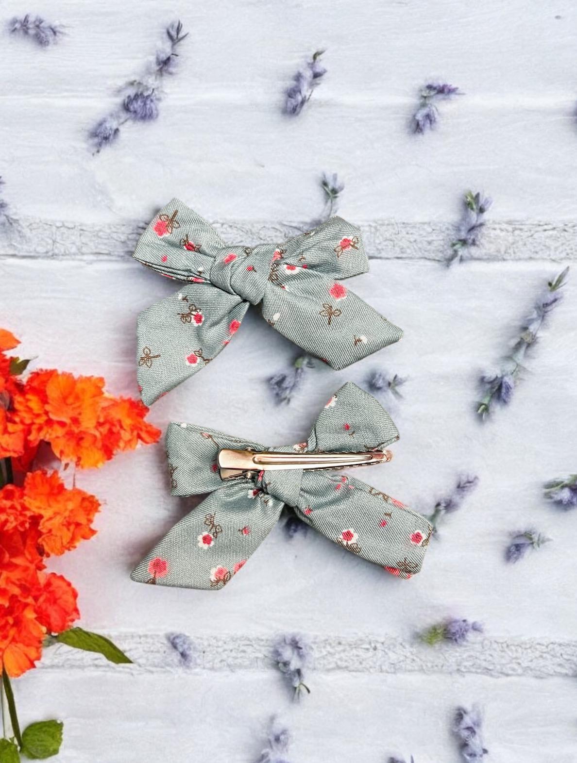 Handmade Hair Bow Clips Set of 2 Sage Green Floral Alligator Clip, view 8