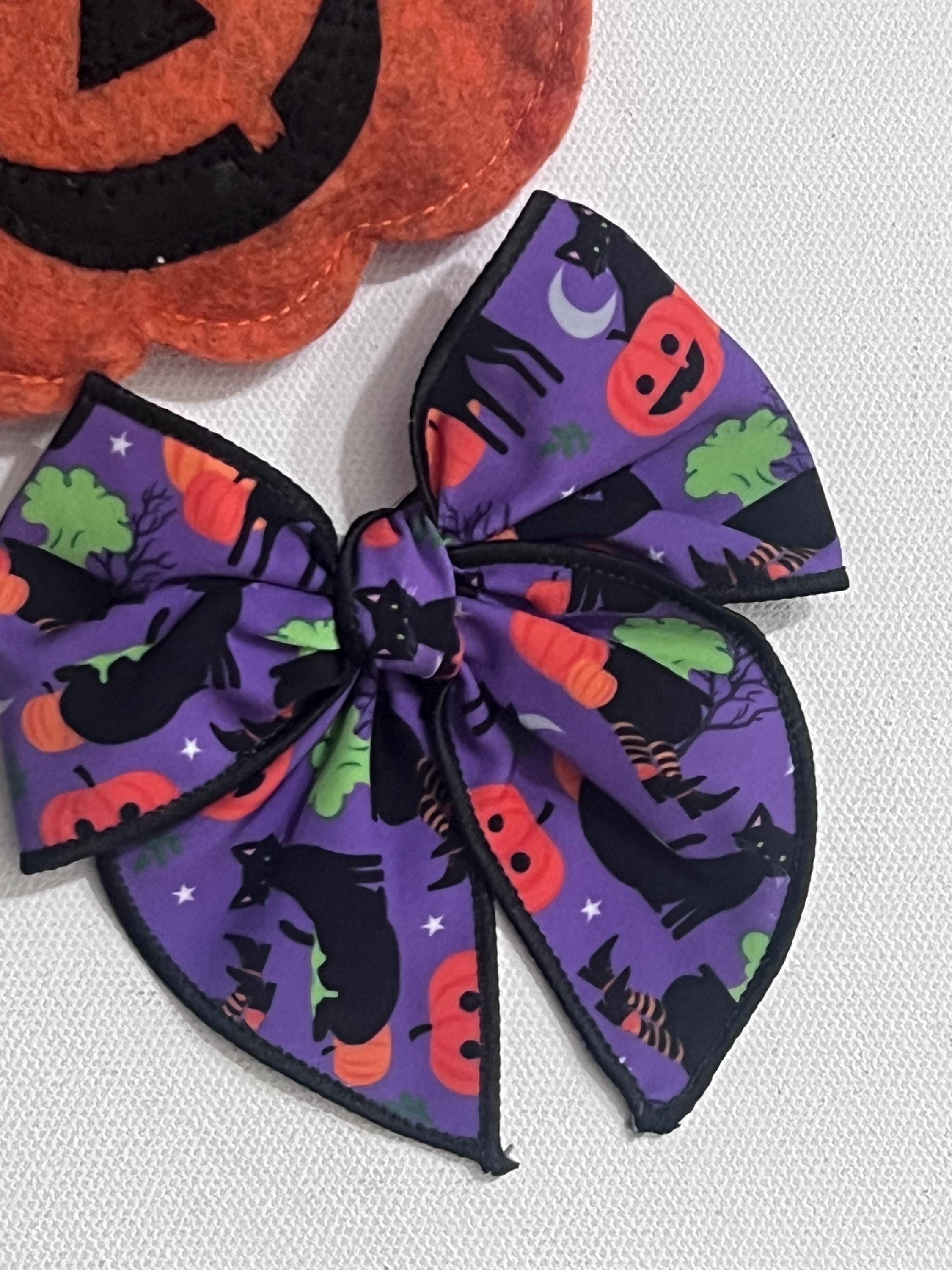 Handmade Halloween Hair Bow – Spooky Black Cat & Pumpkin Print, view 11
