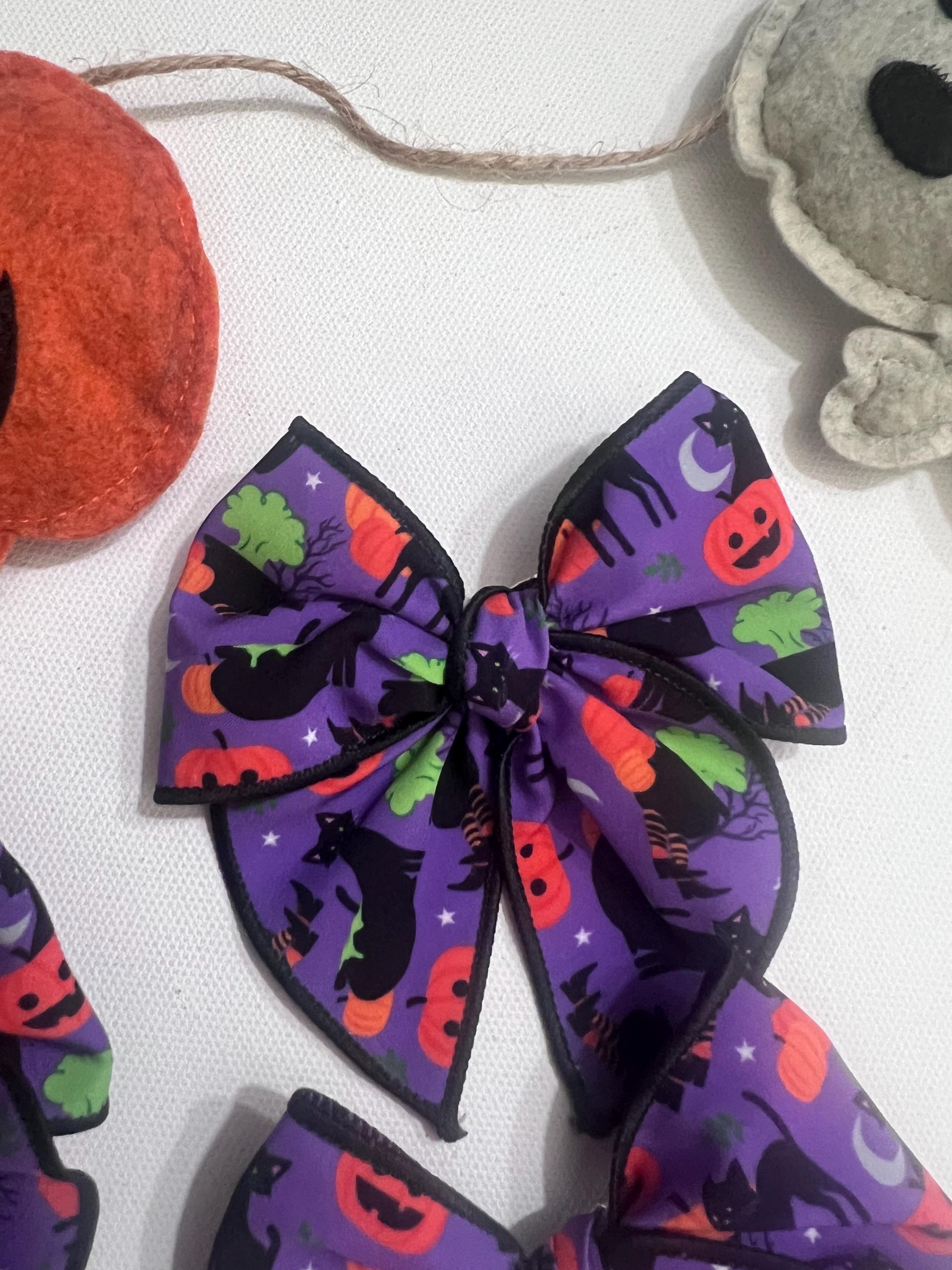 Handmade Halloween Hair Bow – Spooky Black Cat & Pumpkin Print, view 7