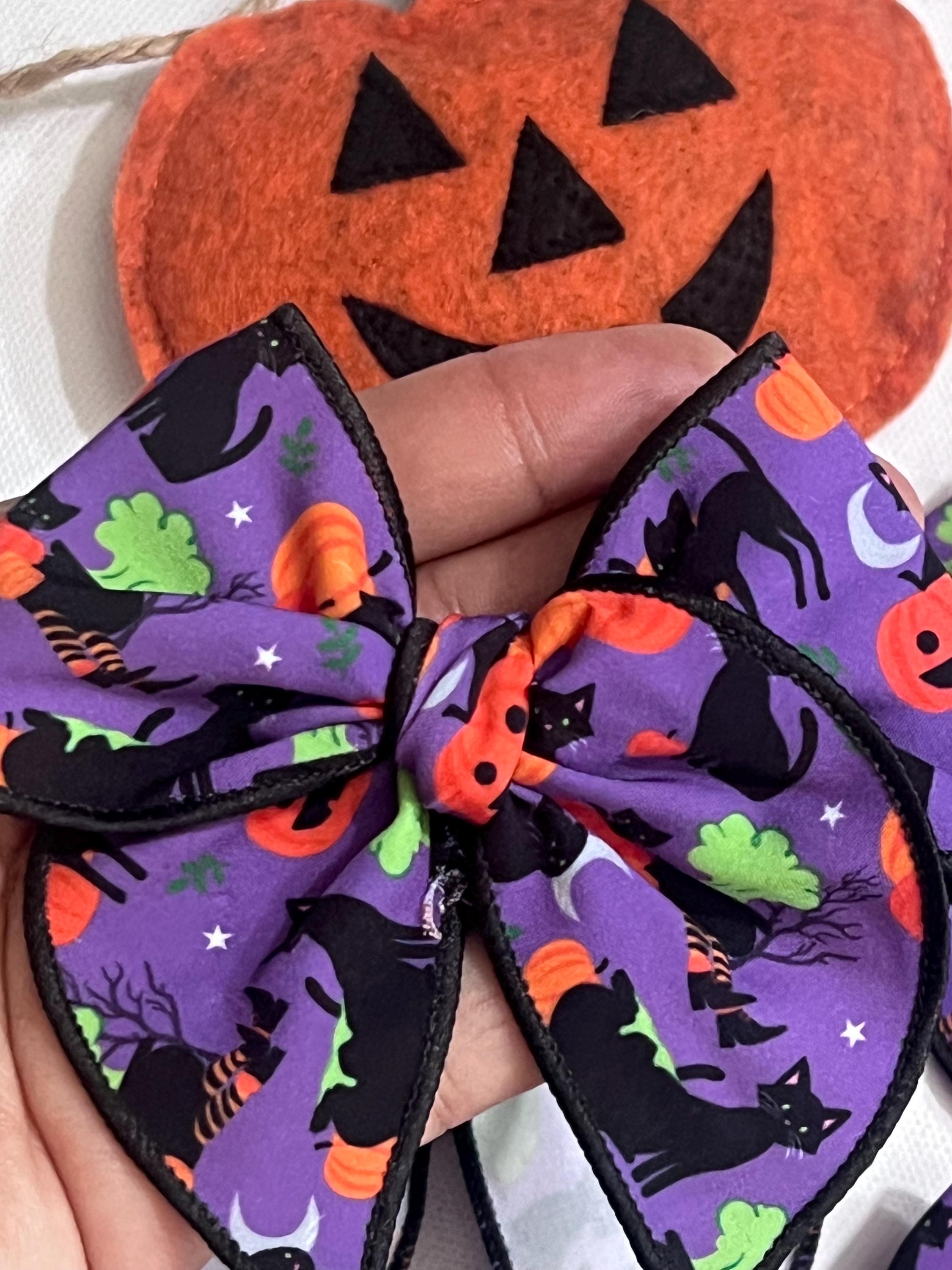 Handmade Halloween Hair Bow – Spooky Black Cat & Pumpkin Print, view 8