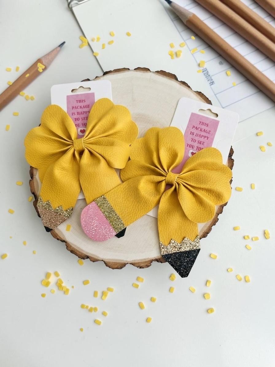 Handmade kids back to school pencil faux leather hair bow clip