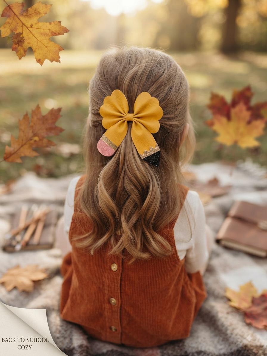 Handmade kids back to school pencil faux leather hair bow clip, view 2