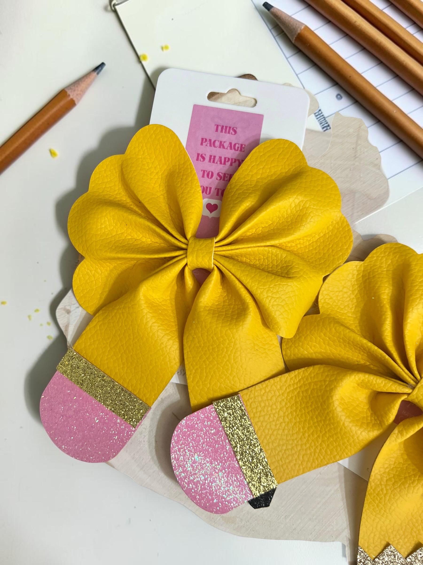Handmade kids back to school pencil faux leather hair bow clip, view 3