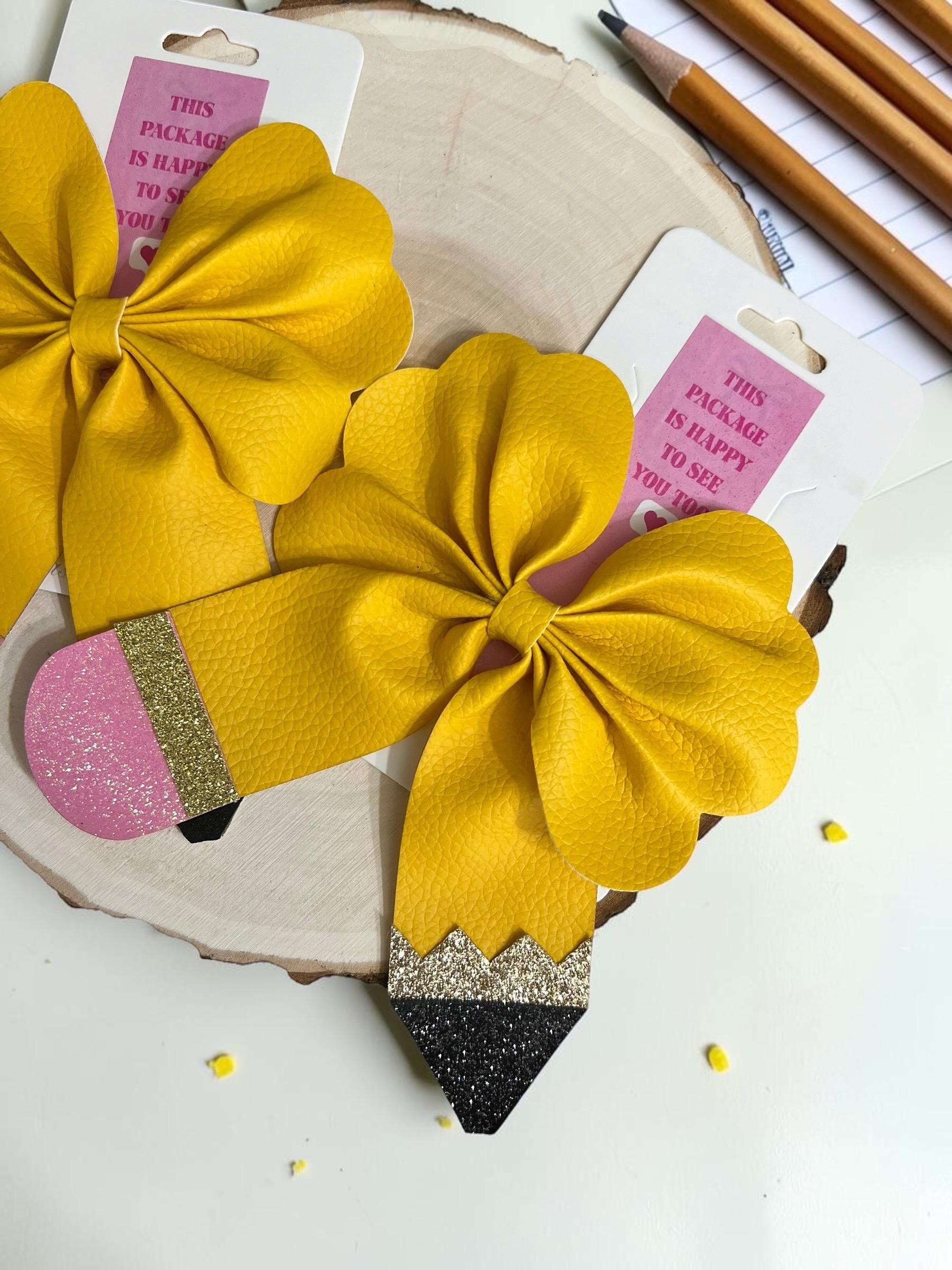 Handmade kids back to school pencil faux leather hair bow clip, view 4