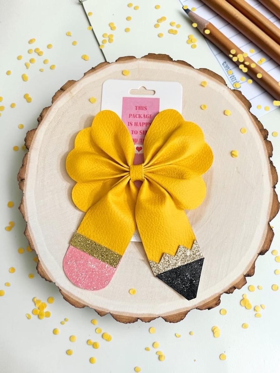 Handmade kids back to school pencil faux leather hair bow clip, view 5