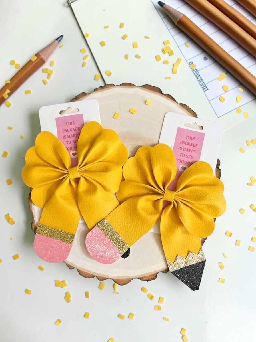 Handmade kids back to school pencil faux leather hair bow clip, view 6