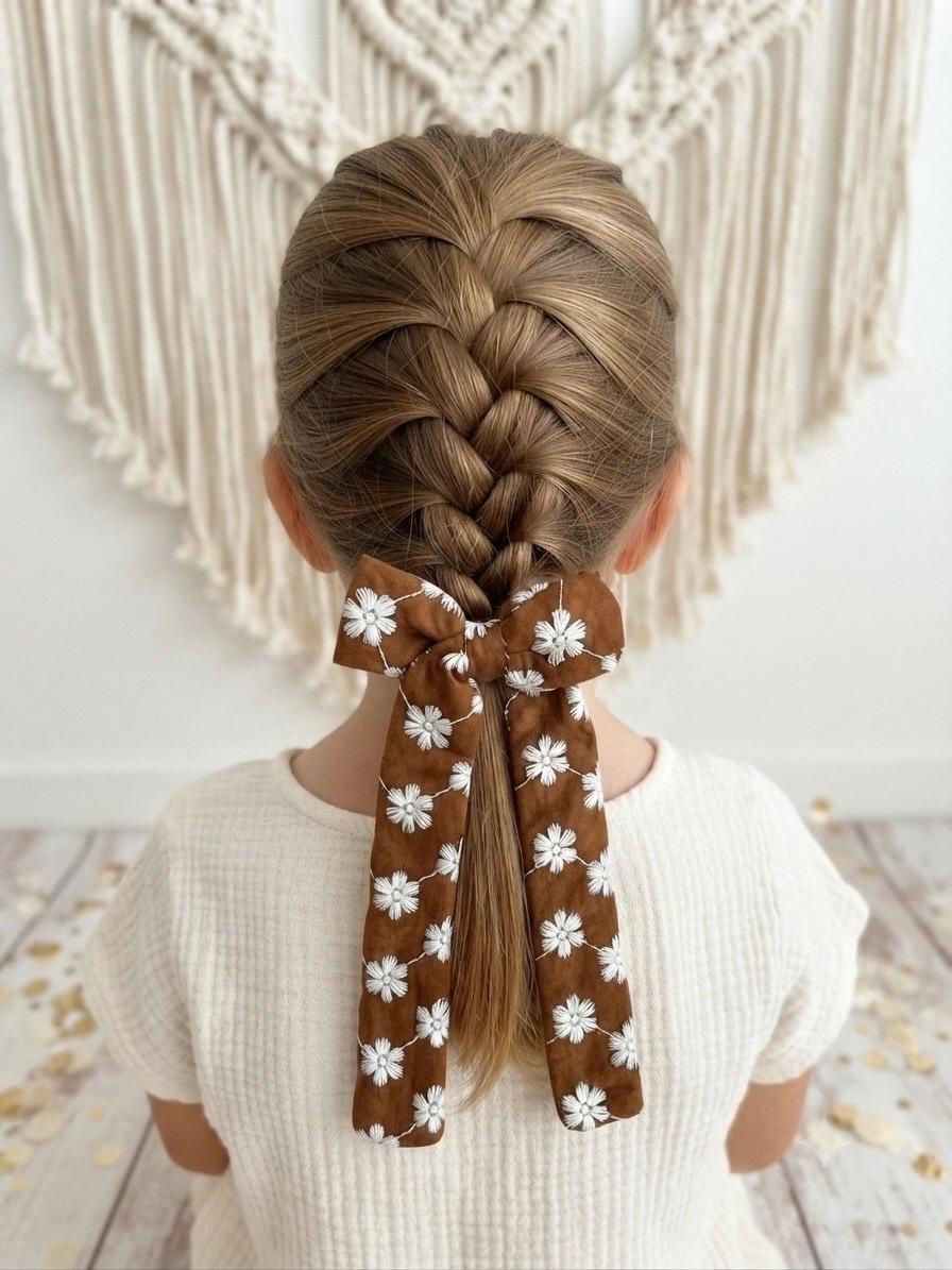 Handmade Kids Rust Brown Daisy Embroidered Hair Bow Long Tail Clip