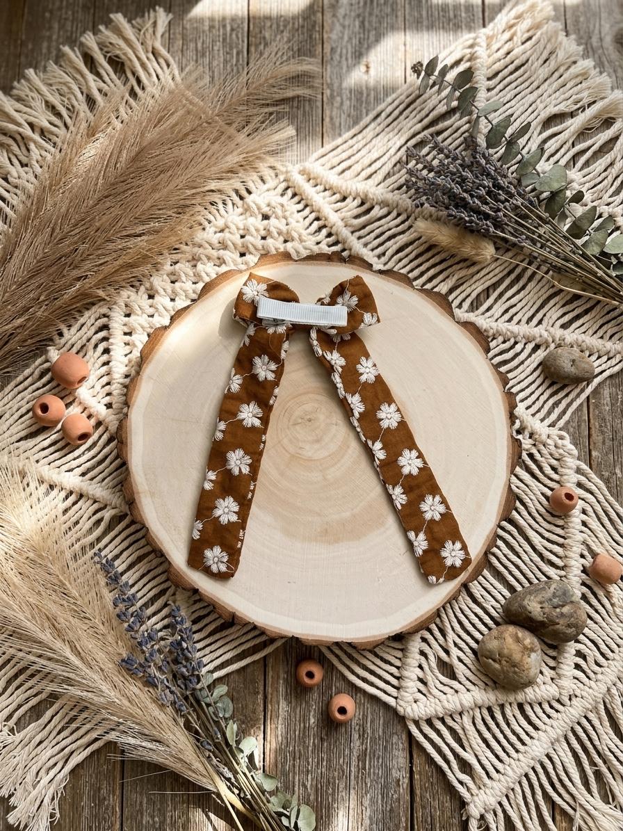 Handmade Kids Rust Brown Daisy Embroidered Hair Bow Long Tail Clip, view 10