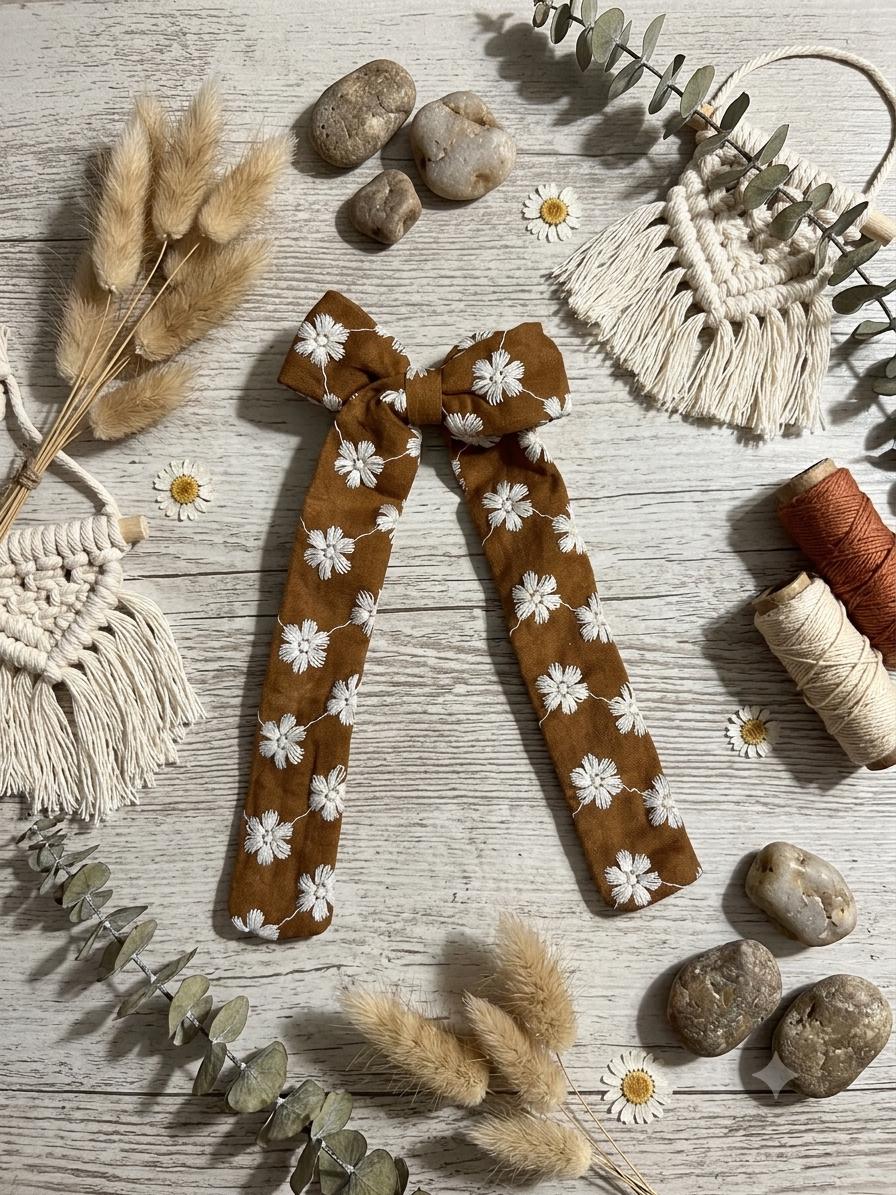 Handmade Kids Rust Brown Daisy Embroidered Hair Bow Long Tail Clip, view 2