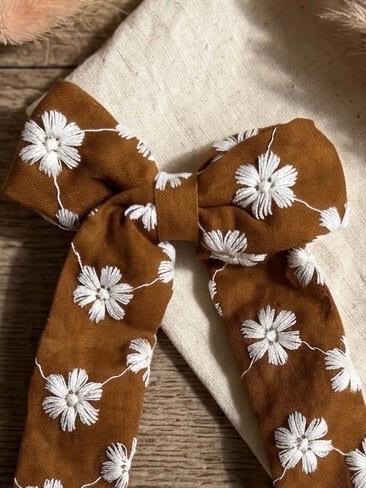 Handmade Kids Rust Brown Daisy Embroidered Hair Bow Long Tail Clip, view 4