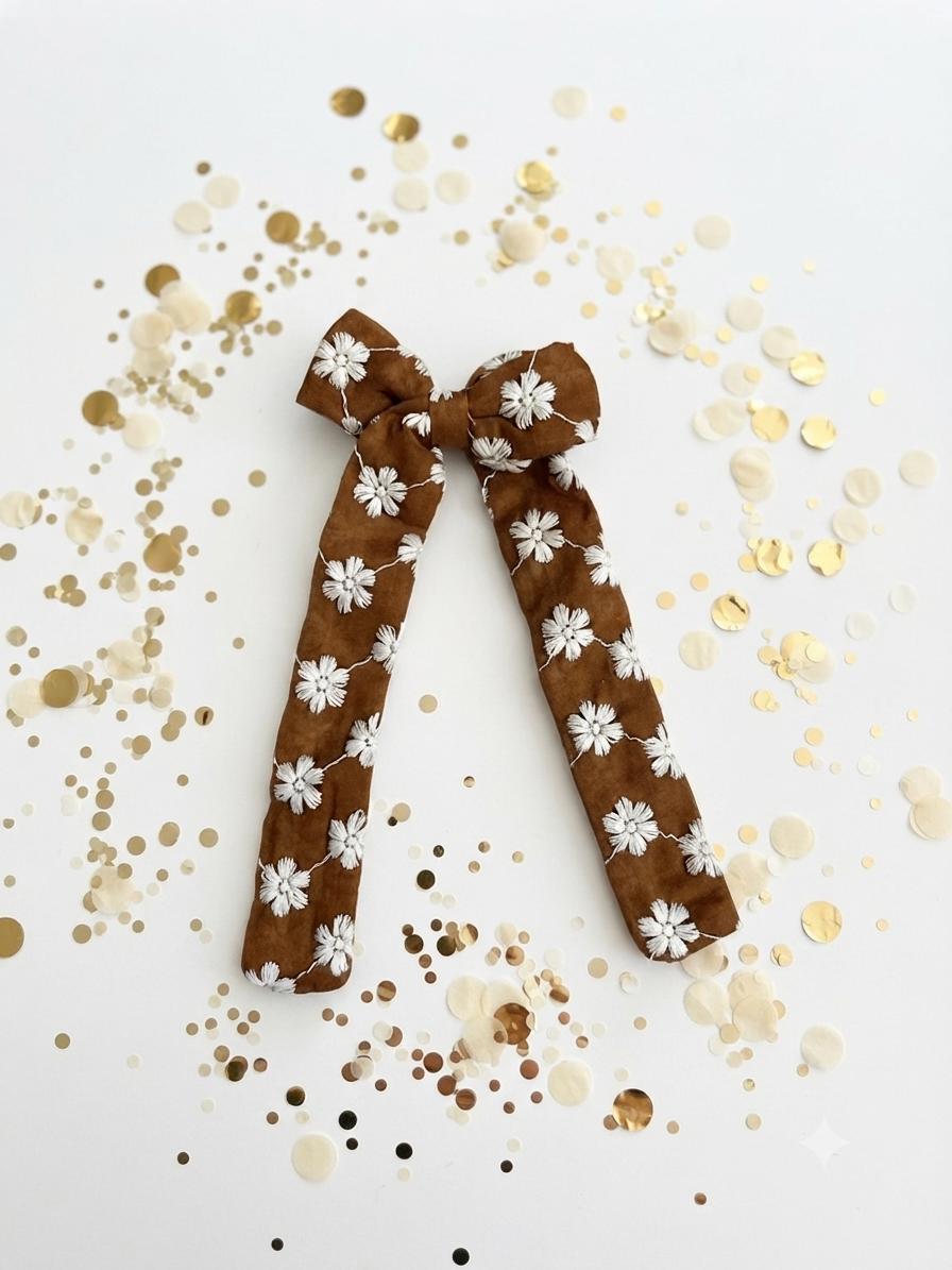 Handmade Kids Rust Brown Daisy Embroidered Hair Bow Long Tail Clip, view 5