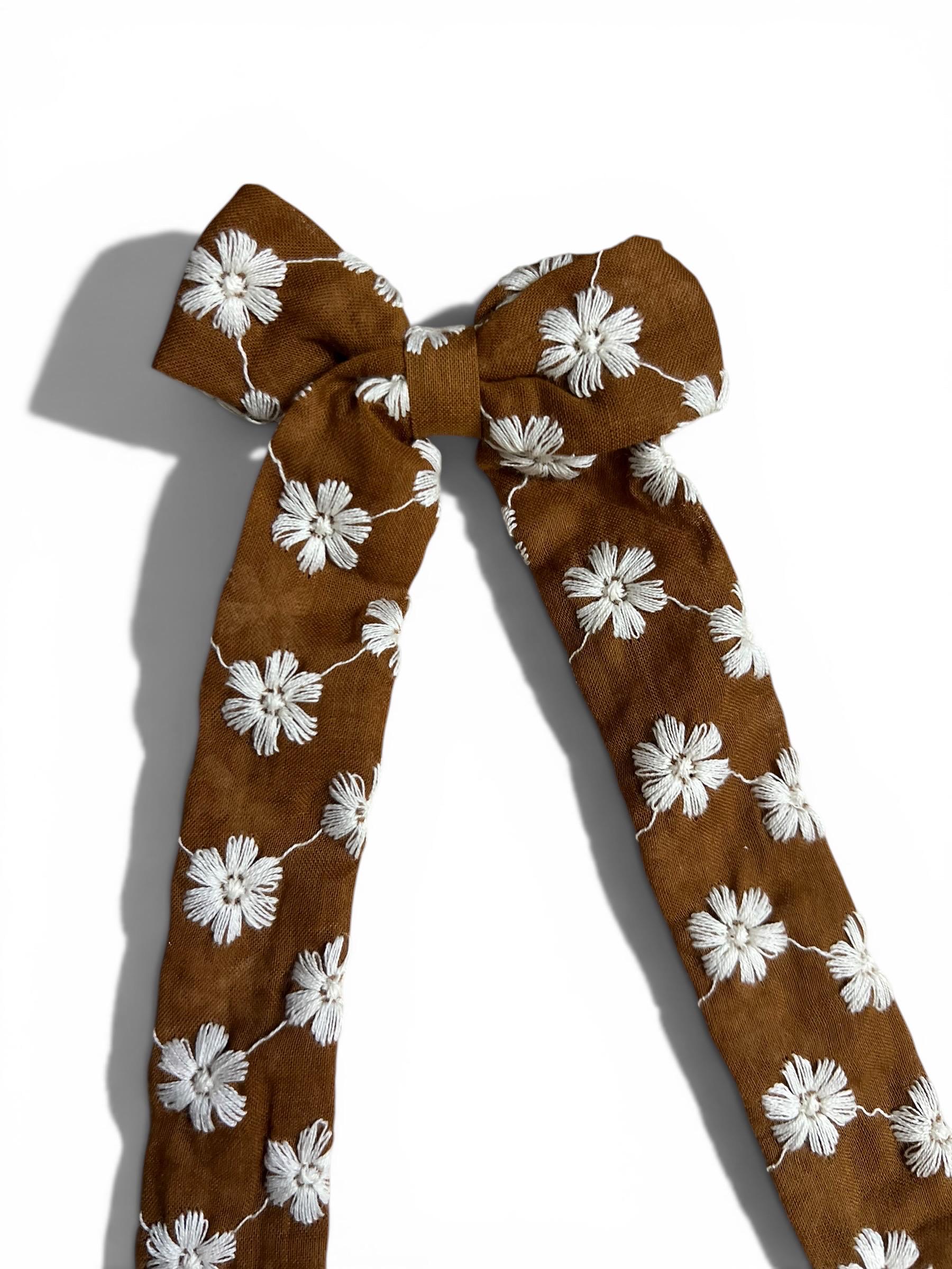 Handmade Kids Rust Brown Daisy Embroidered Hair Bow Long Tail Clip, view 6